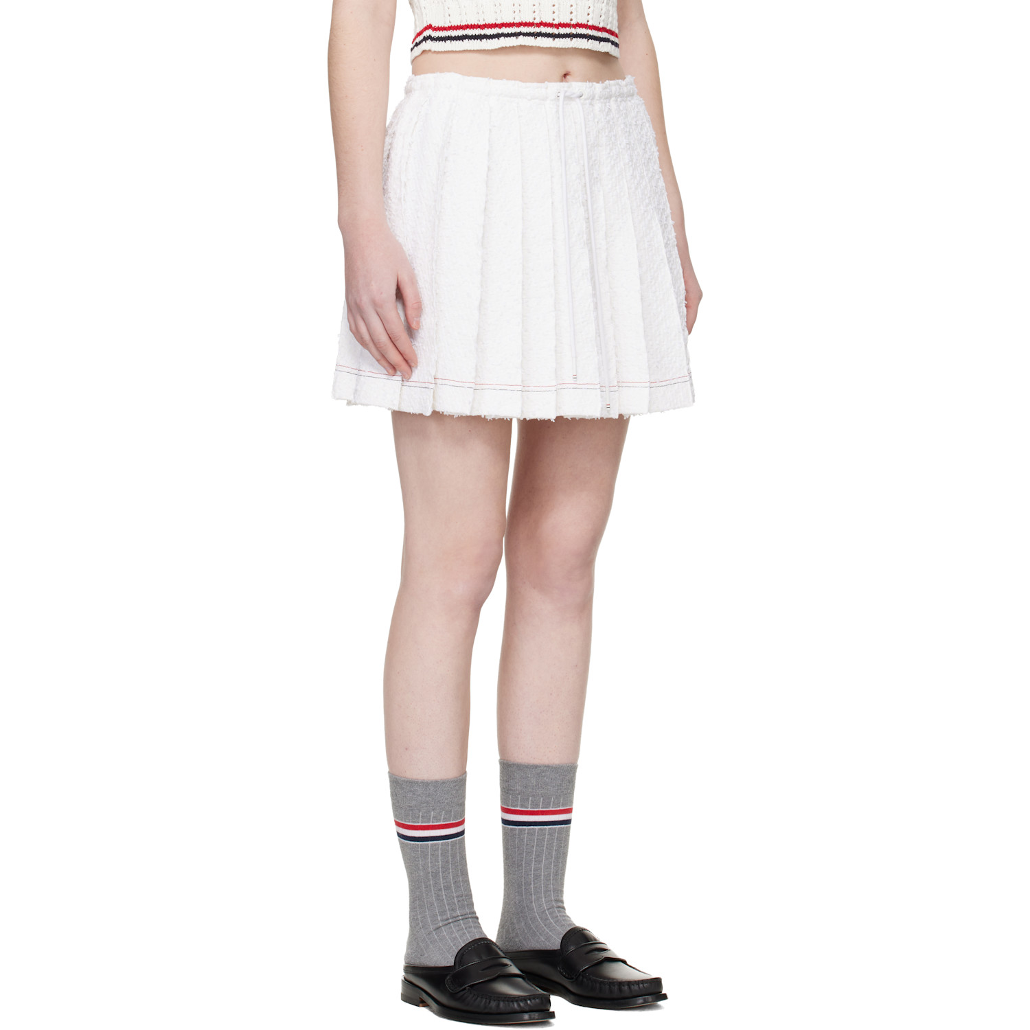  Thom Browne White Eyelash Tweed Drawstring Pleated Miniskirt 