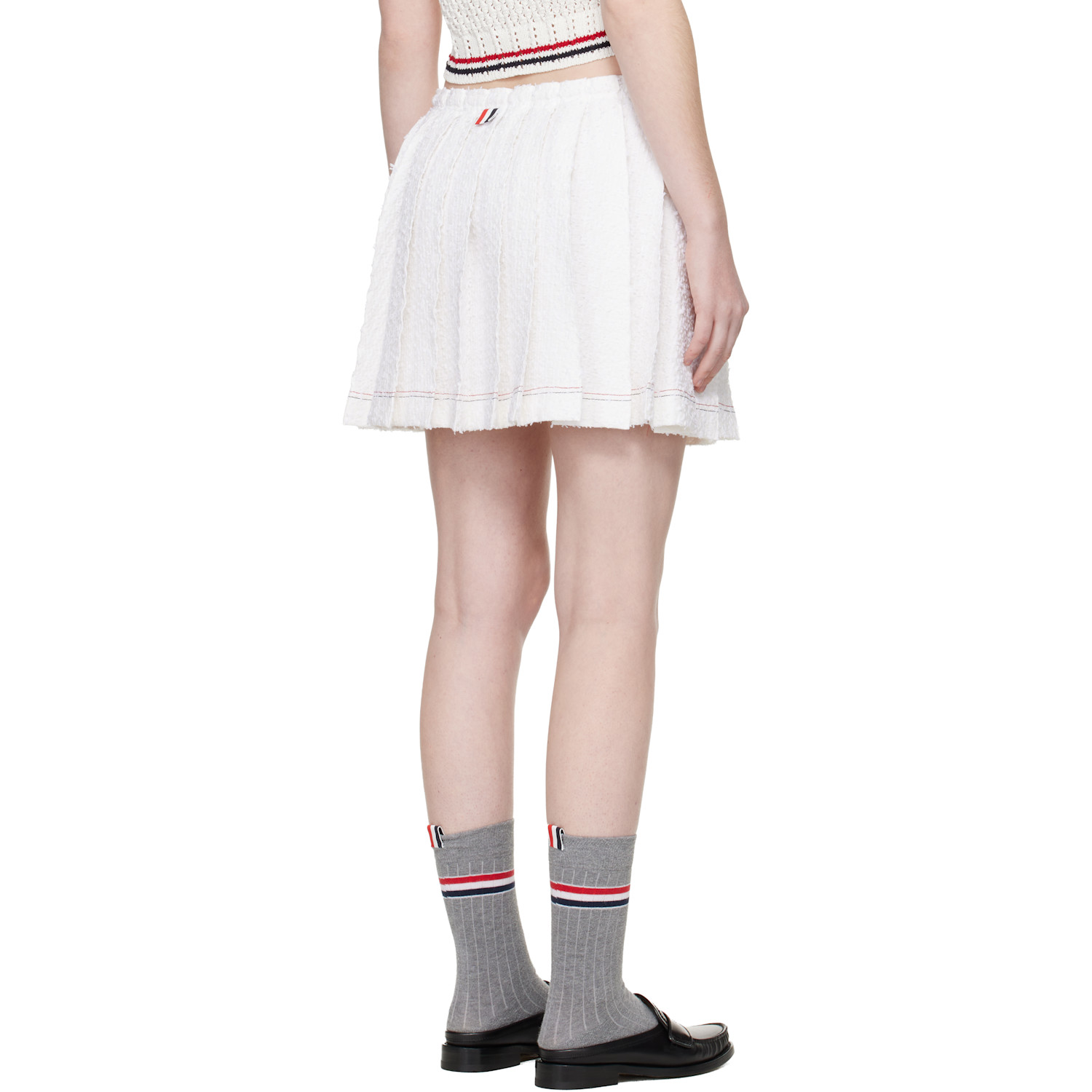  Thom Browne White Eyelash Tweed Drawstring Pleated Miniskirt 