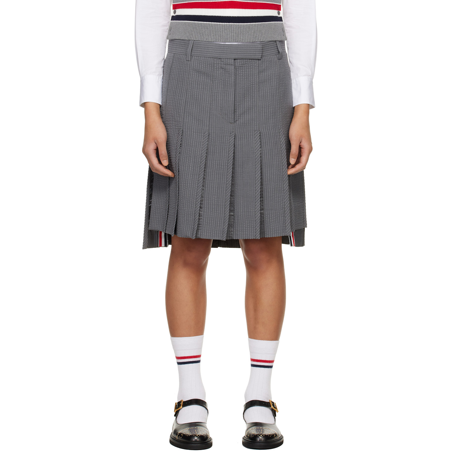Thom Browne Gray Wool Seersucker Pleated Low Rise Miniskirt