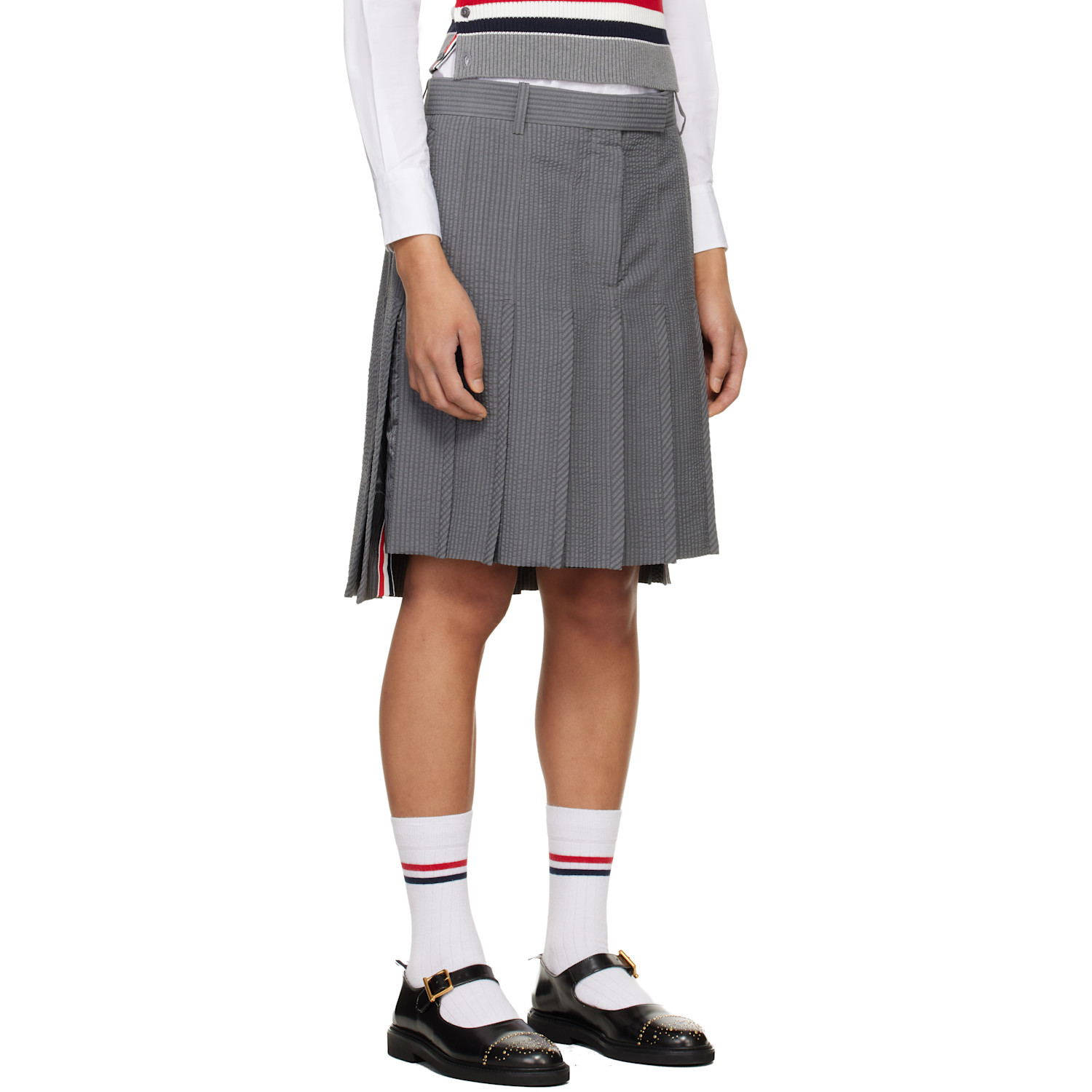  Thom Browne Gray Wool Seersucker Pleated Low Rise Miniskirt 