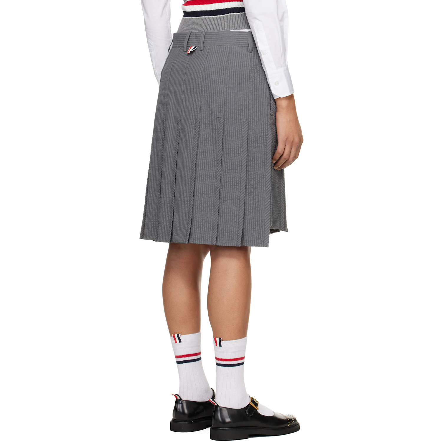  Thom Browne Gray Wool Seersucker Pleated Low Rise Miniskirt 