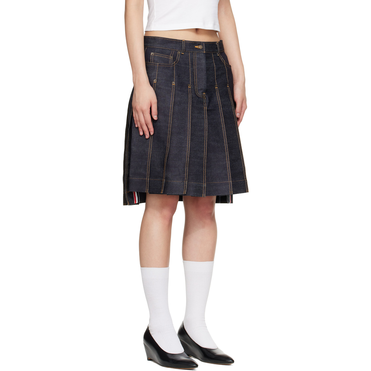  Thom Browne Navy Pleated Denim Miniskirt 