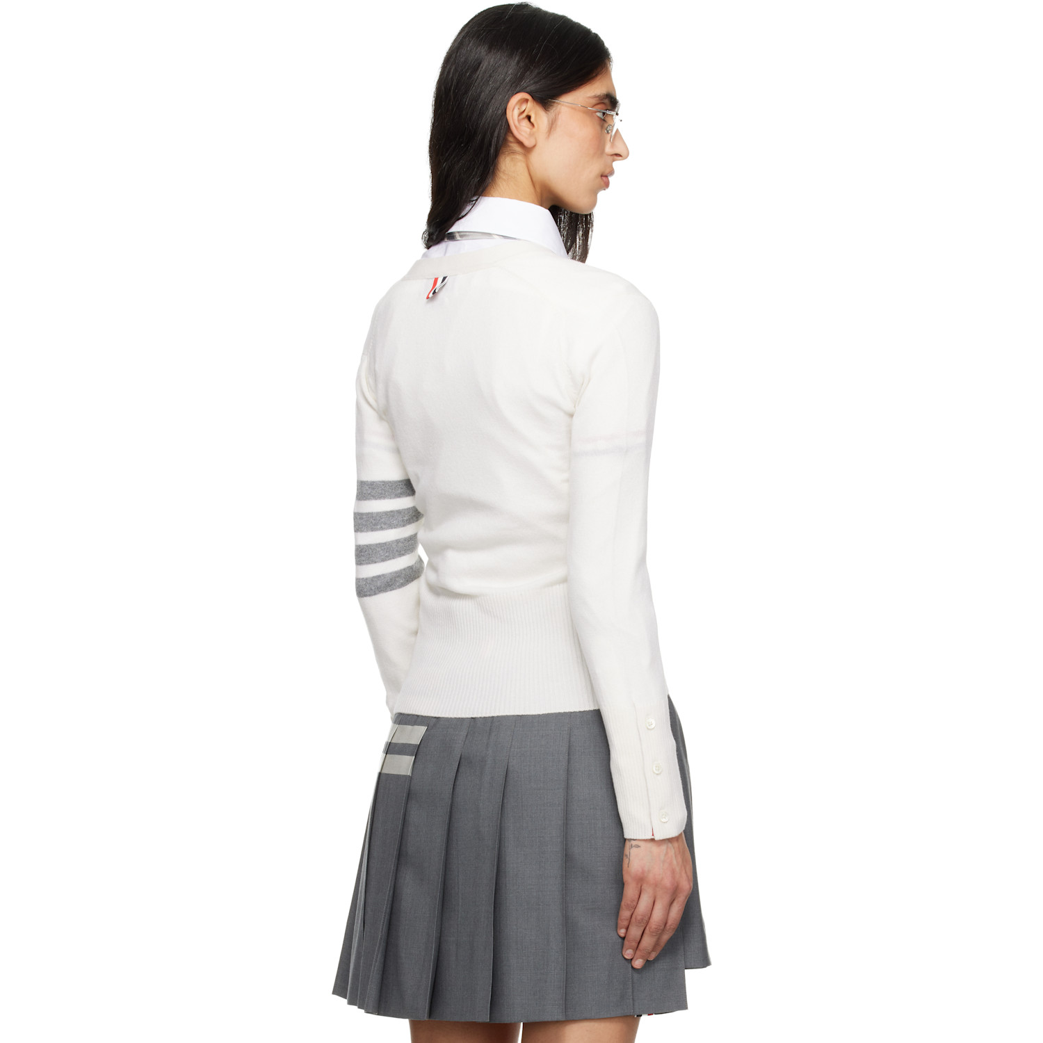  Thom Browne White Classic Cashmere 4-bar V-neck Cardigan 