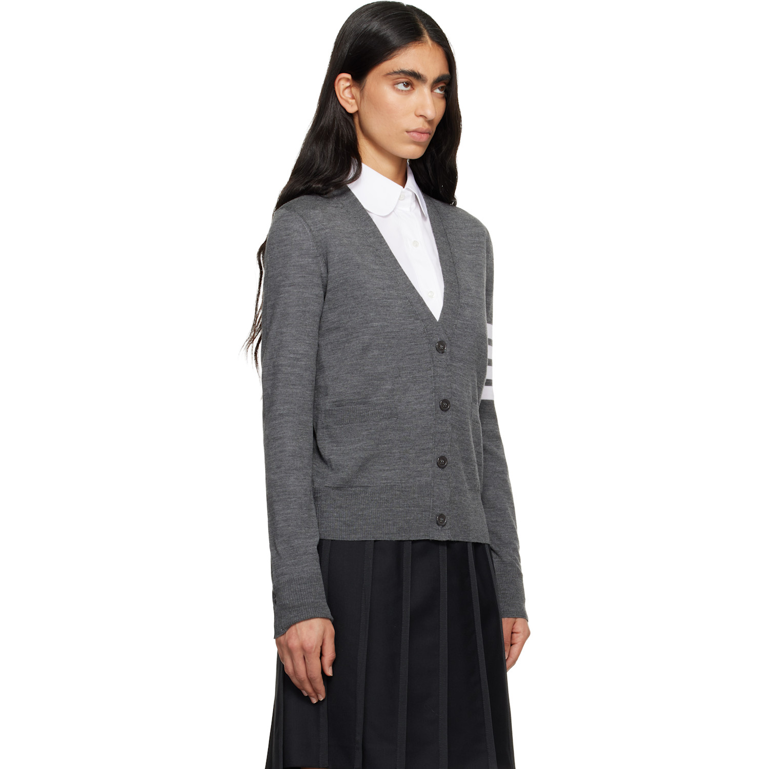  Thom Browne Gray Merino Wool 4-bar Relaxed Fit V-neck Cardigan 