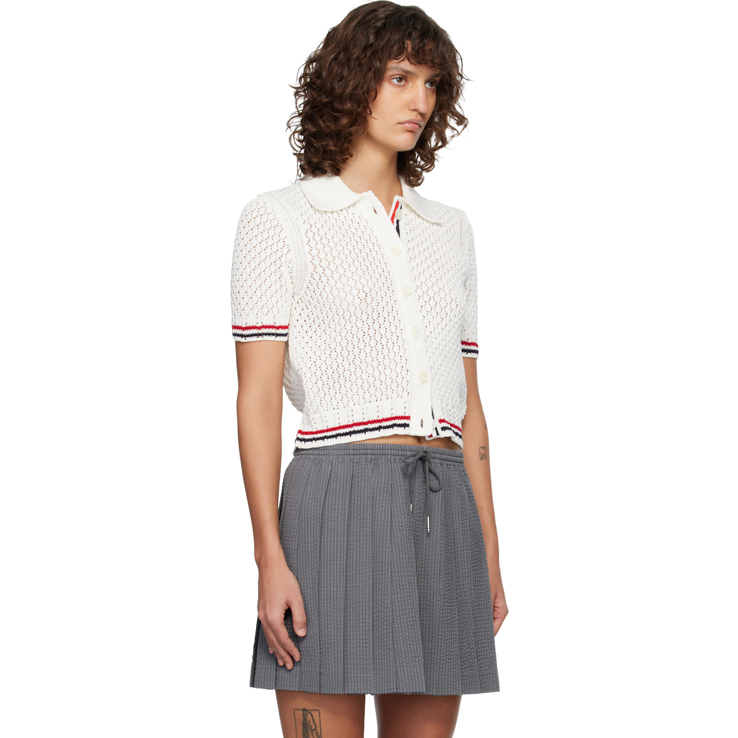  Thom Browne White Hector Pointelle Short Sleeve Cardigan 