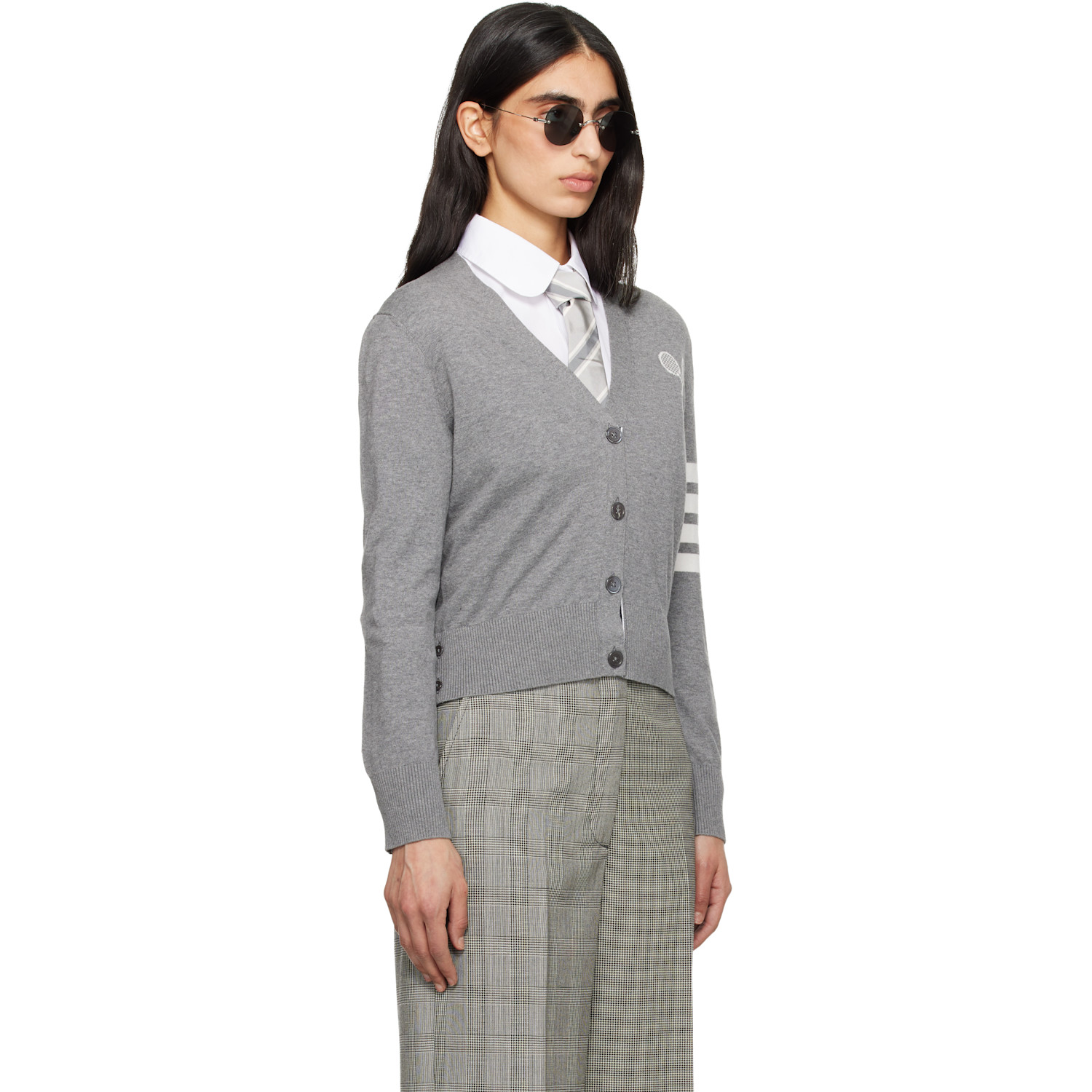  Thom Browne Gray Tennis Racquets 4-bar Cotton V-neck Cardigan 