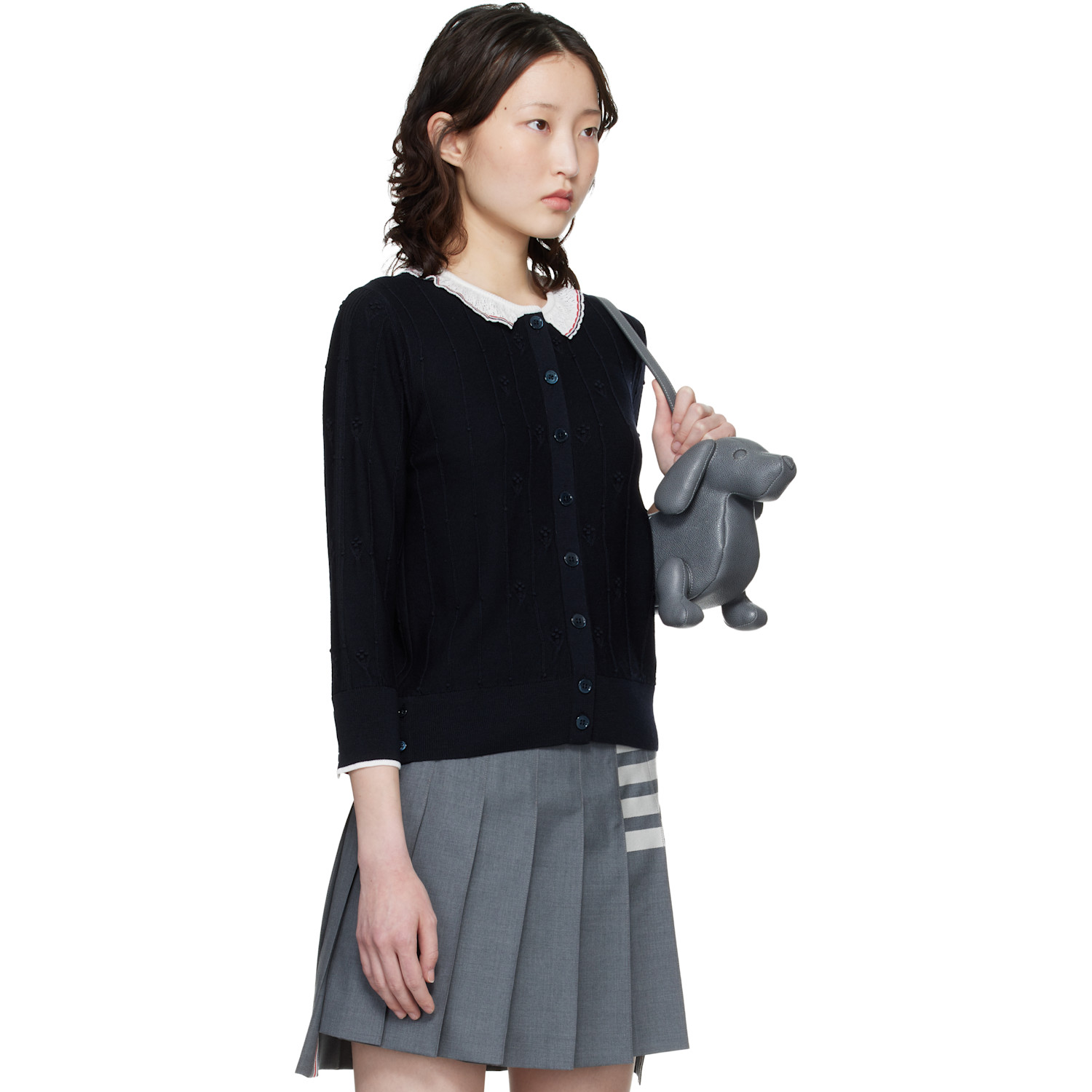  Thom Browne Navy Merino Wool Bobble Stitch Lace Trim Cardigan 