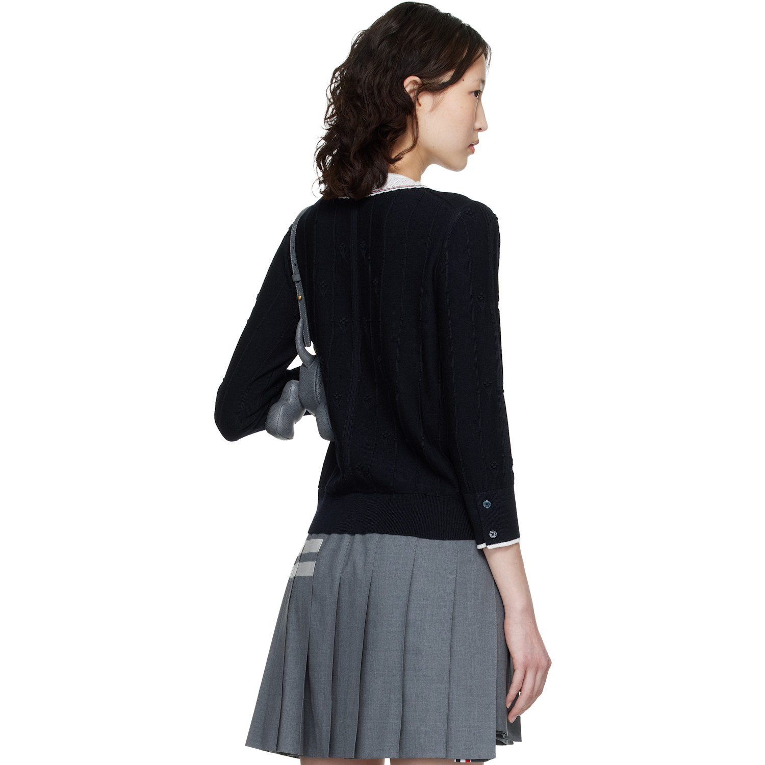  Thom Browne Navy Merino Wool Bobble Stitch Lace Trim Cardigan 