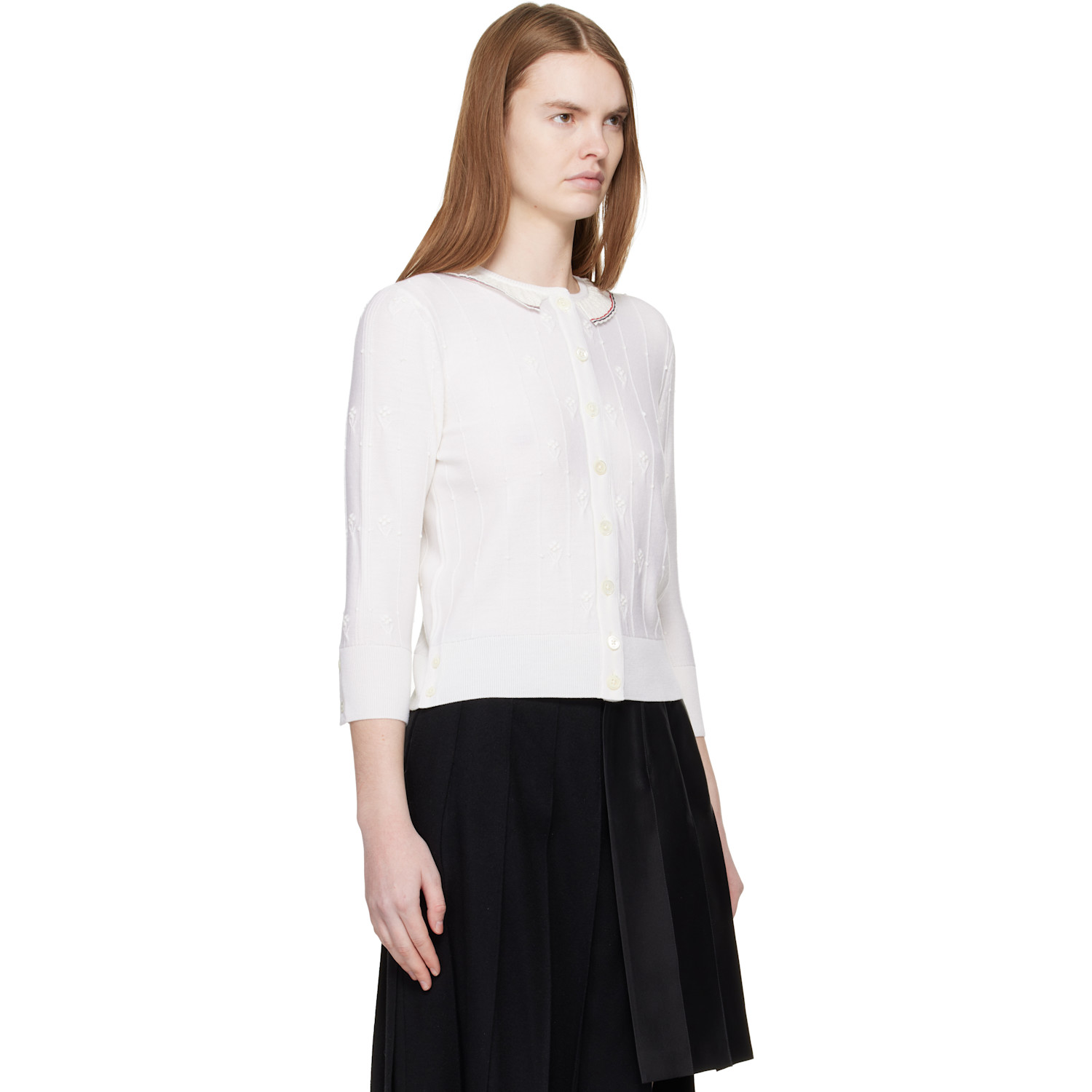  Thom Browne White Bobble Stitch 3/4 Sleeve Cardigan 