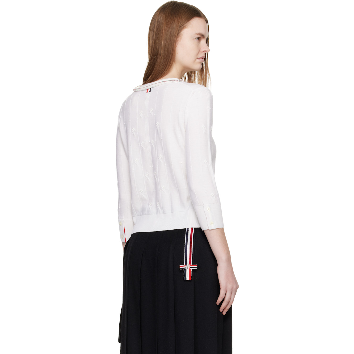  Thom Browne White Bobble Stitch 3/4 Sleeve Cardigan 