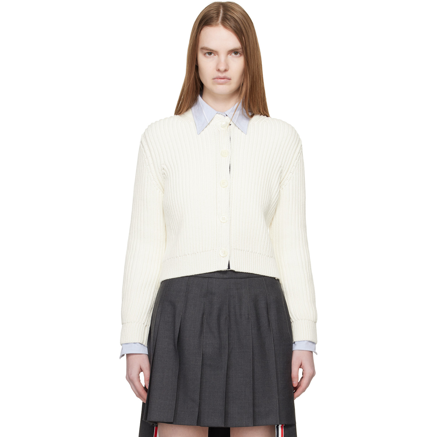 Thom Browne White Full Stitch Cropped Crew Neck Cardigan
