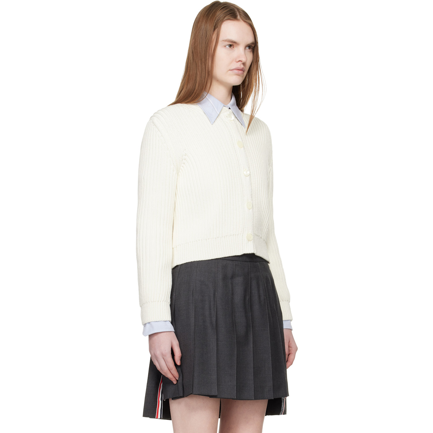  Thom Browne White Full Stitch Cropped Crew Neck Cardigan 