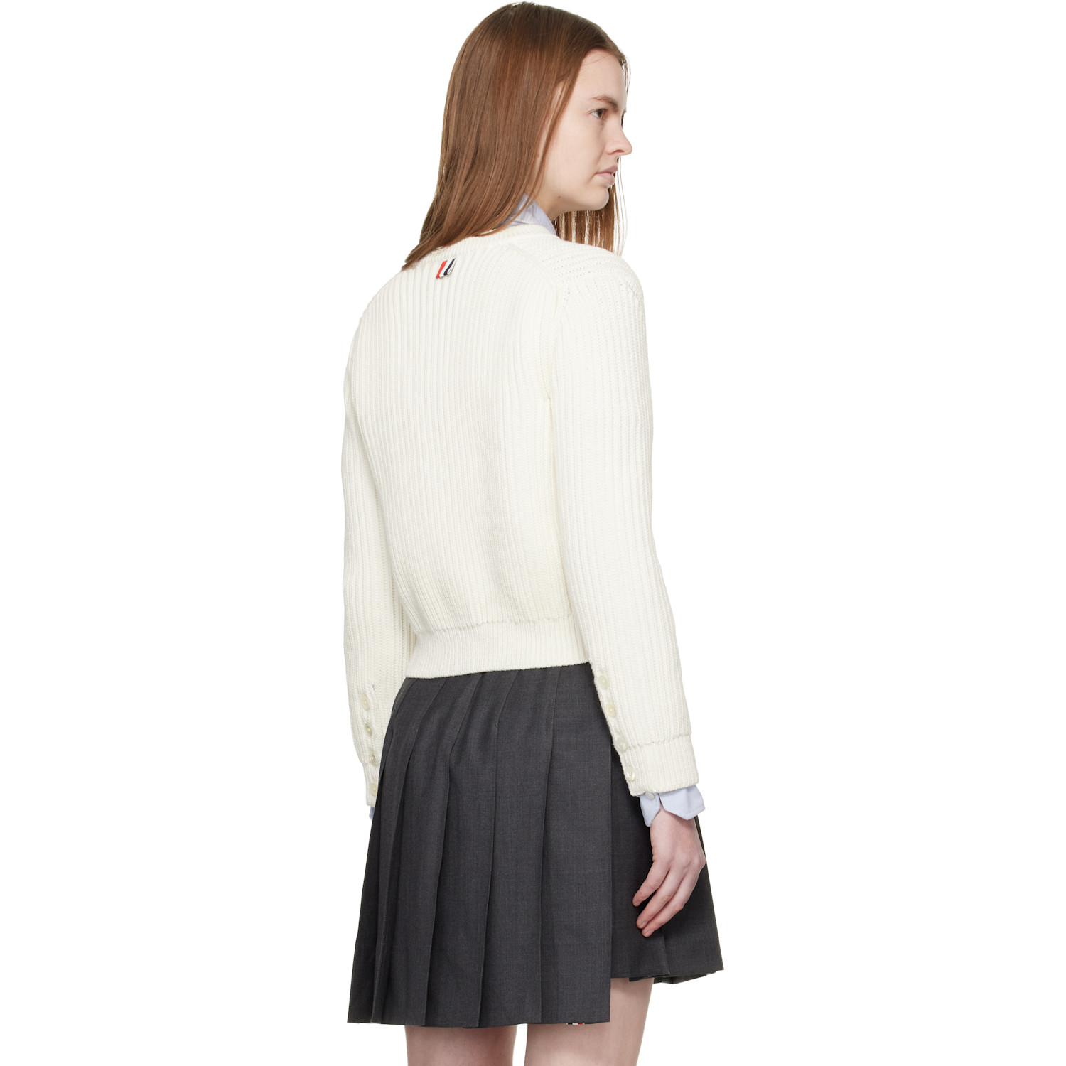  Thom Browne White Full Stitch Cropped Crew Neck Cardigan 