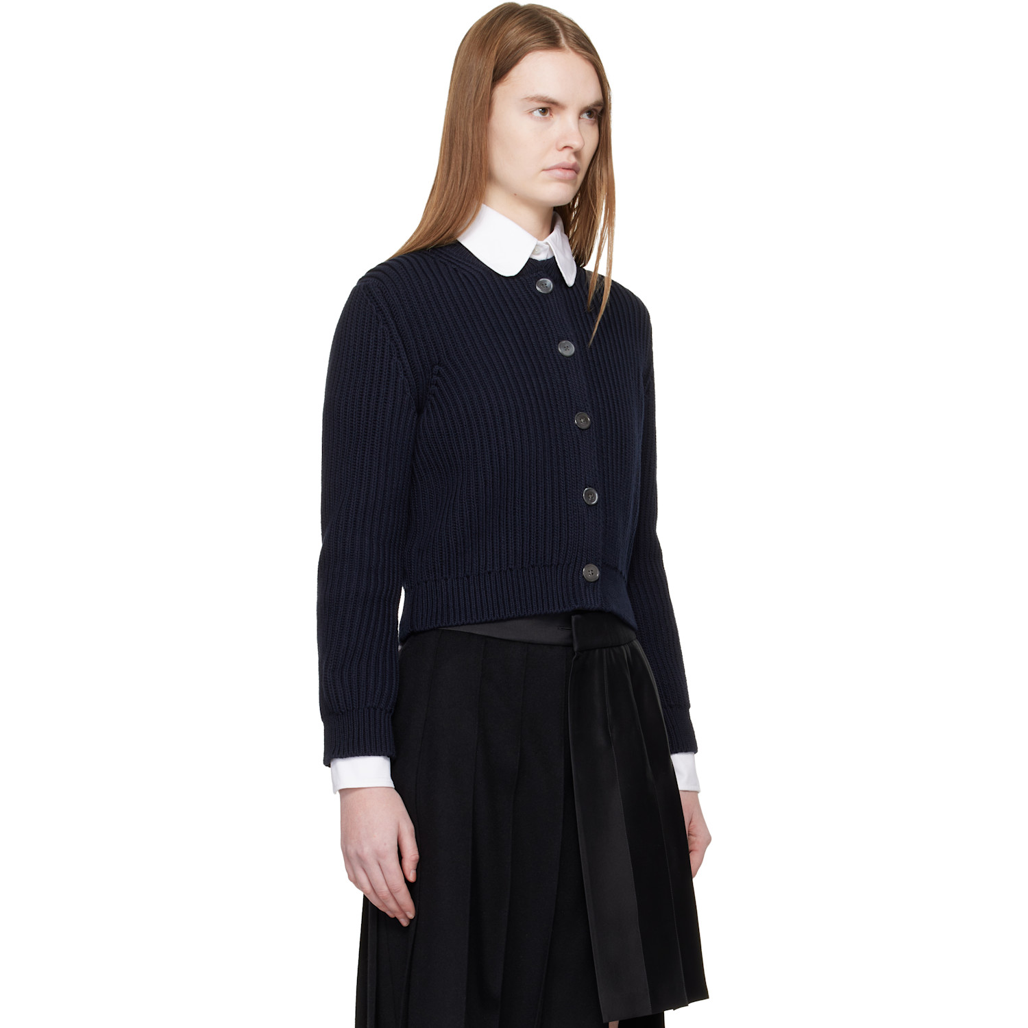  Thom Browne Navy Full Stitch Cropped Crew Neck Cardigan 