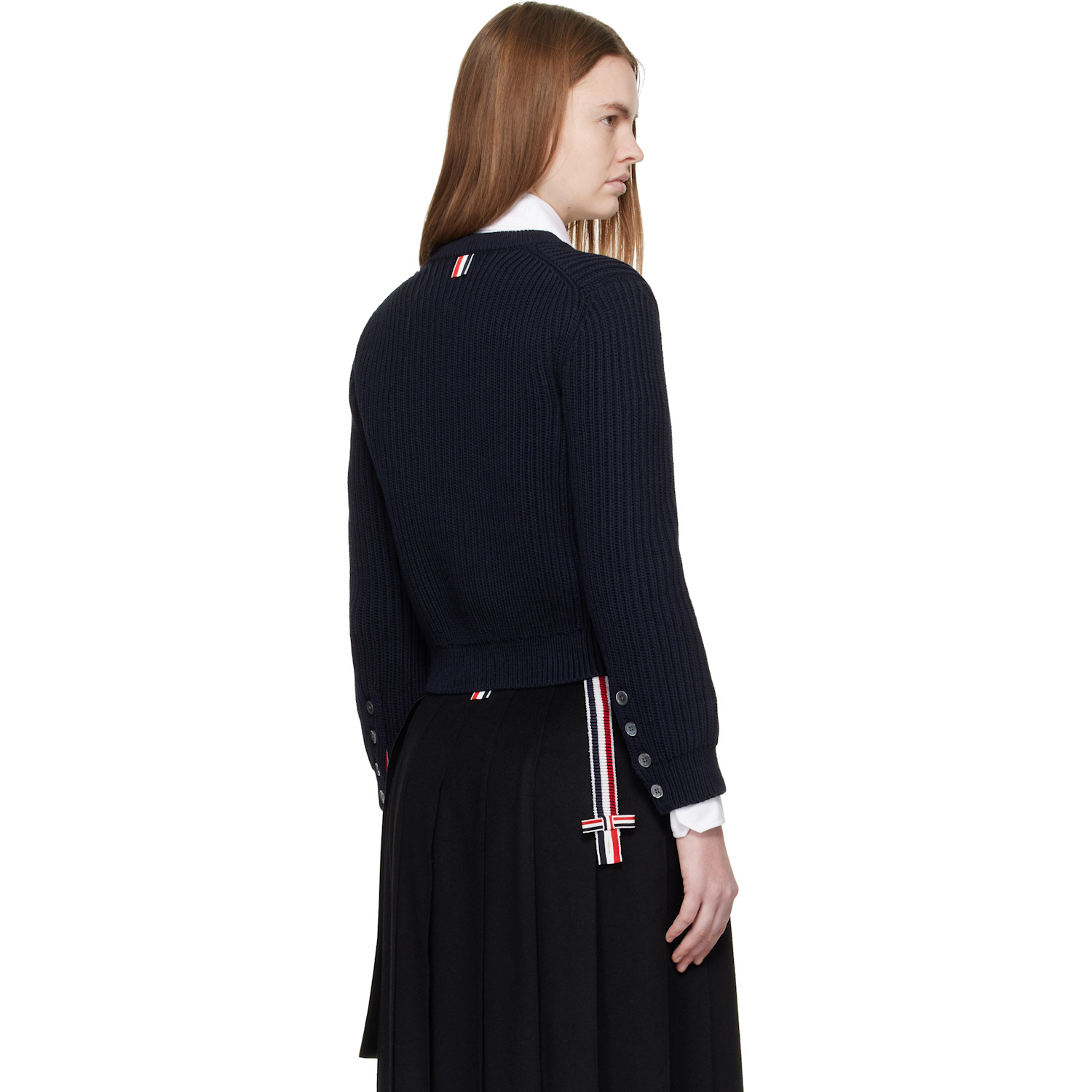  Thom Browne Navy Full Stitch Cropped Crew Neck Cardigan 