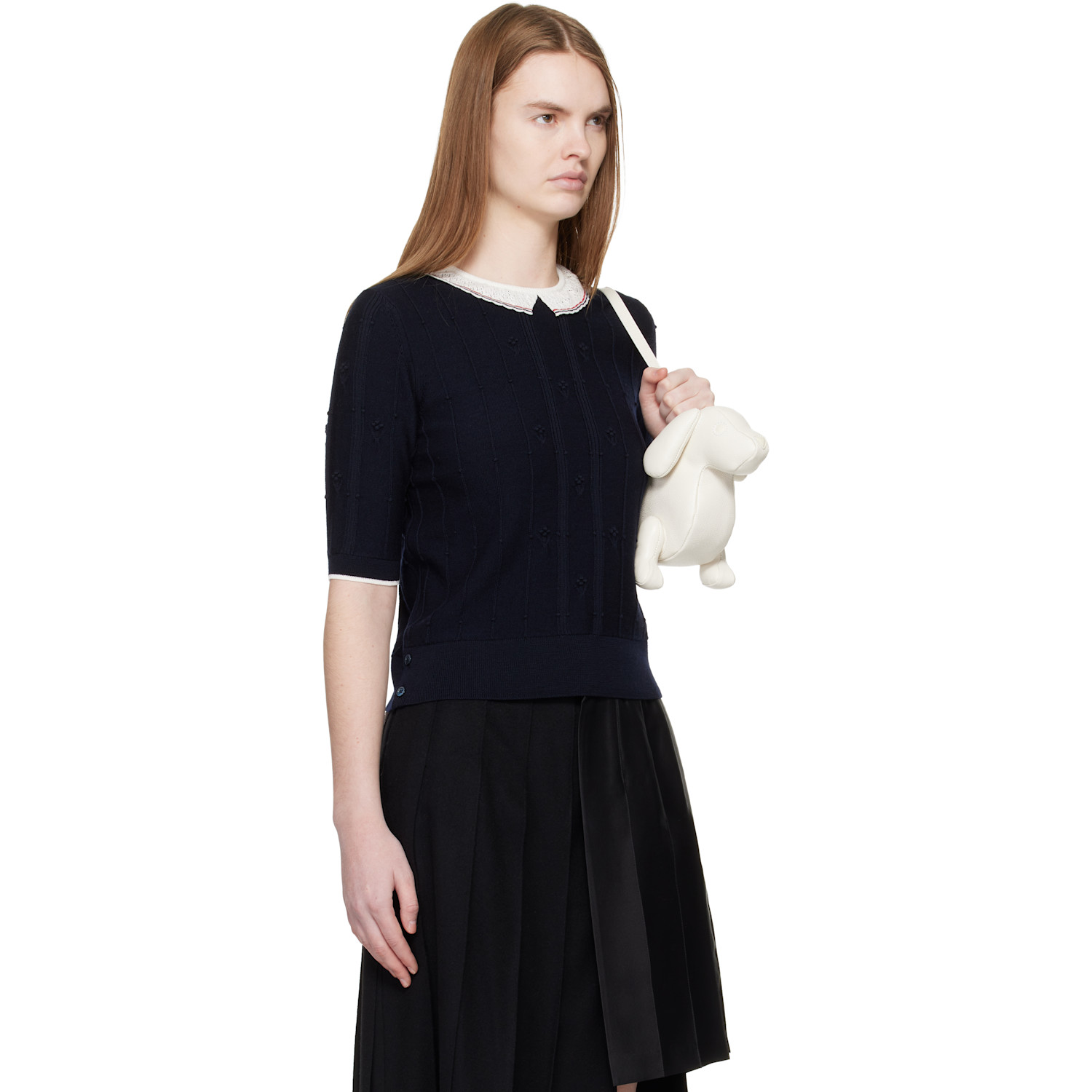  Thom Browne Navy Bobble Stitch Short Sleeve Sweater 