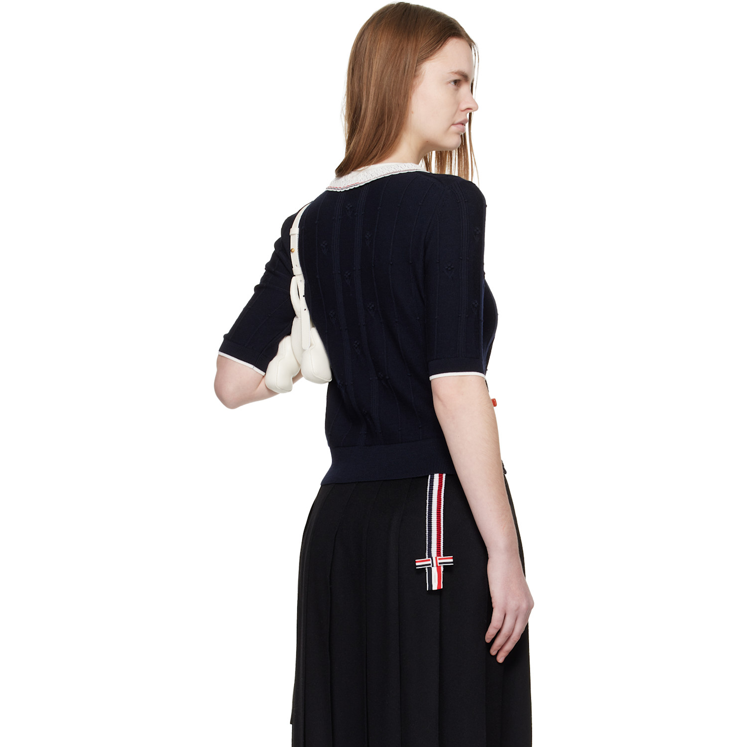  Thom Browne Navy Bobble Stitch Short Sleeve Sweater 