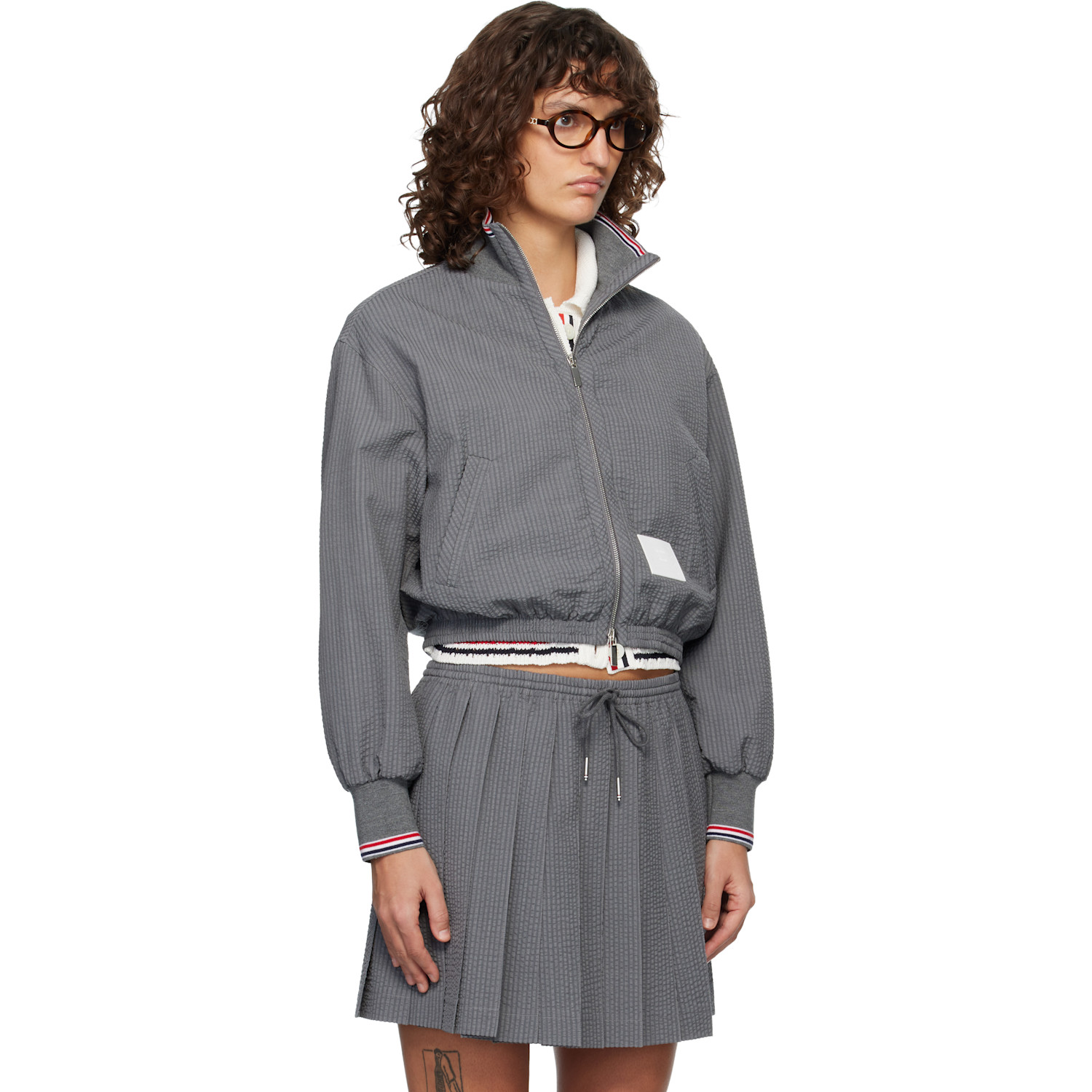  Thom Browne Gray Wool Seersucker Zip Up Track Jacket 