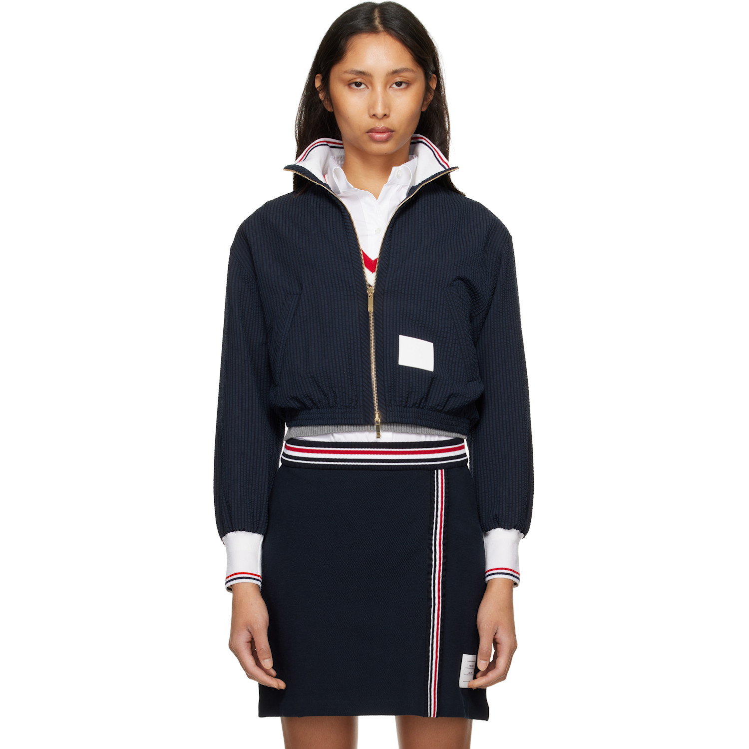 Thom Browne Navy Wool Seersucker Zip Up Track Jacket