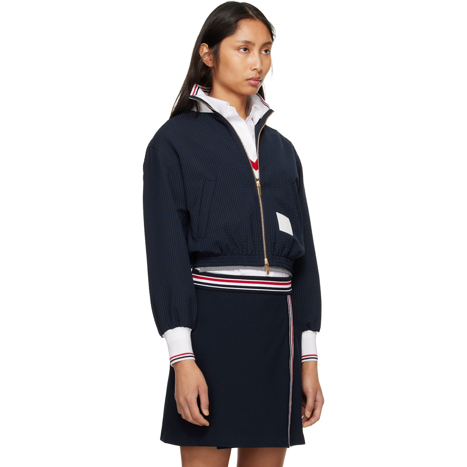  Thom Browne Navy Wool Seersucker Zip Up Track Jacket 