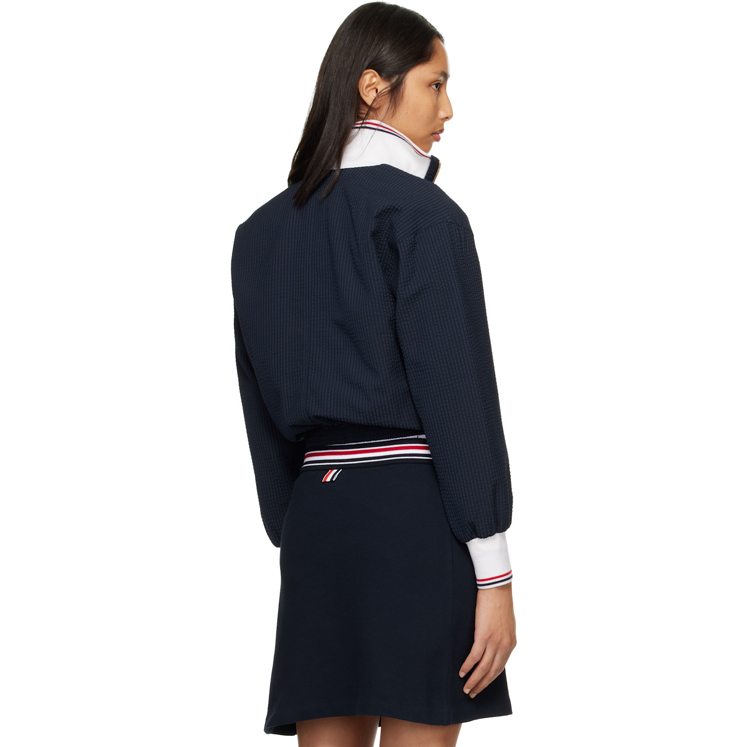  Thom Browne Navy Wool Seersucker Zip Up Track Jacket 