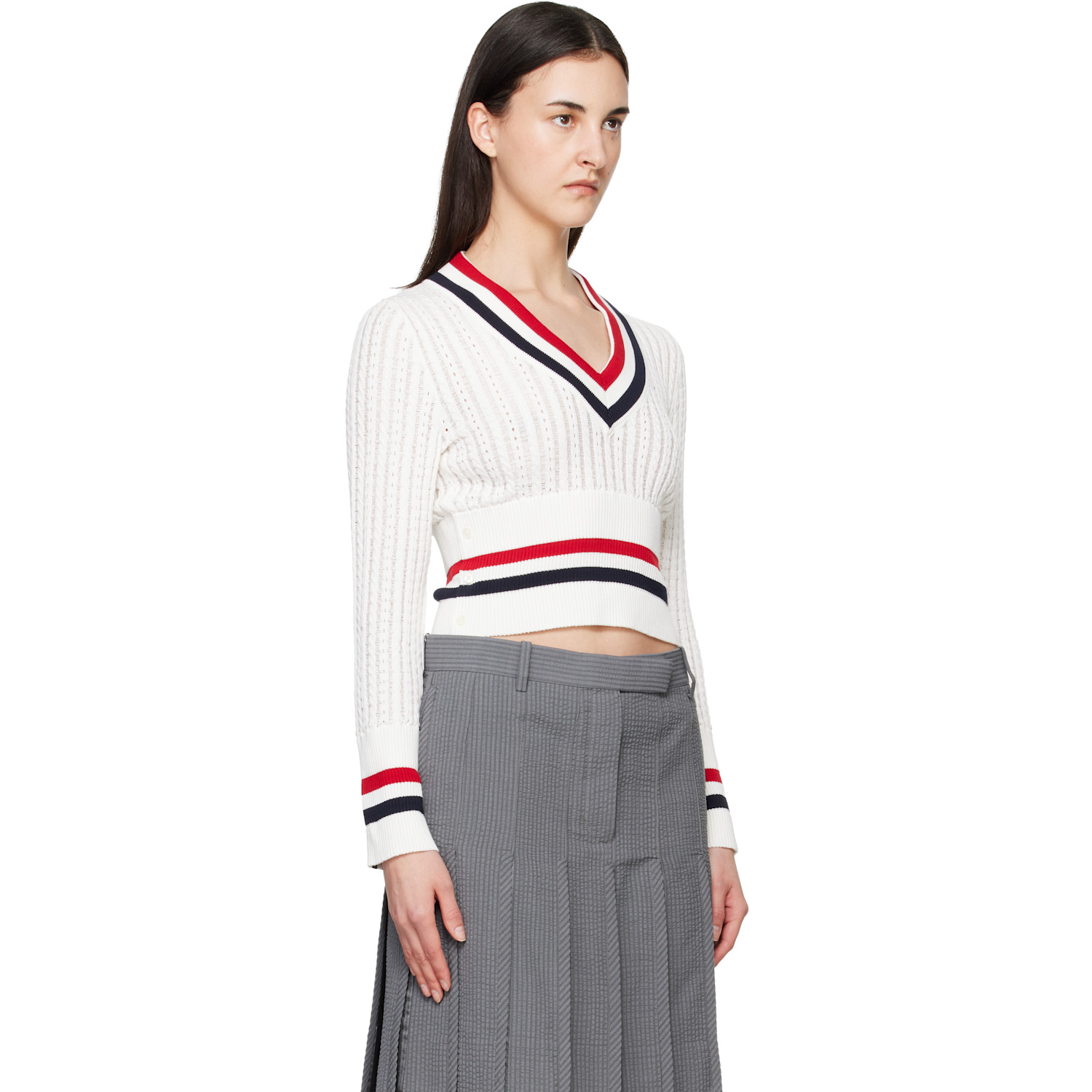  Thom Browne Off-white Baby Ladder Cable Shrunken V Neck Sweater 