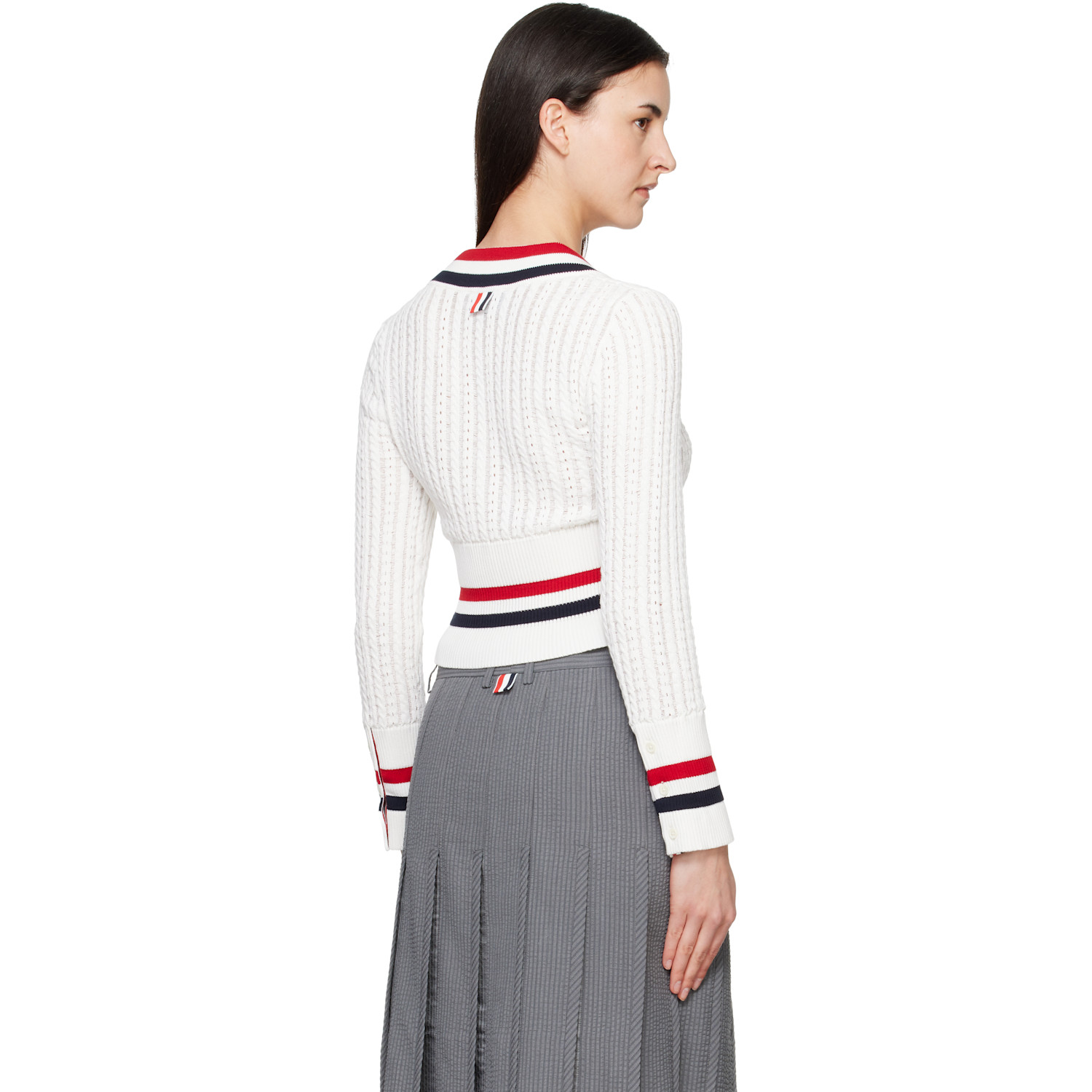  Thom Browne Off-white Baby Ladder Cable Shrunken V Neck Sweater 