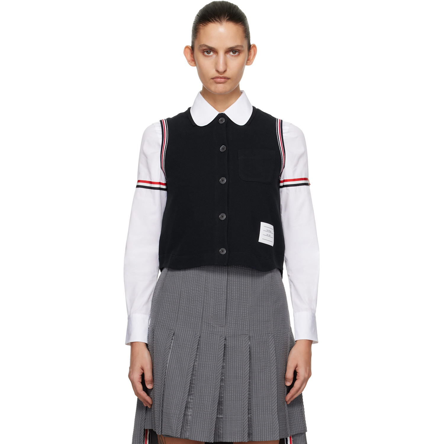 Thom Browne Navy Pique RWB Trim Sleeveless Shirt