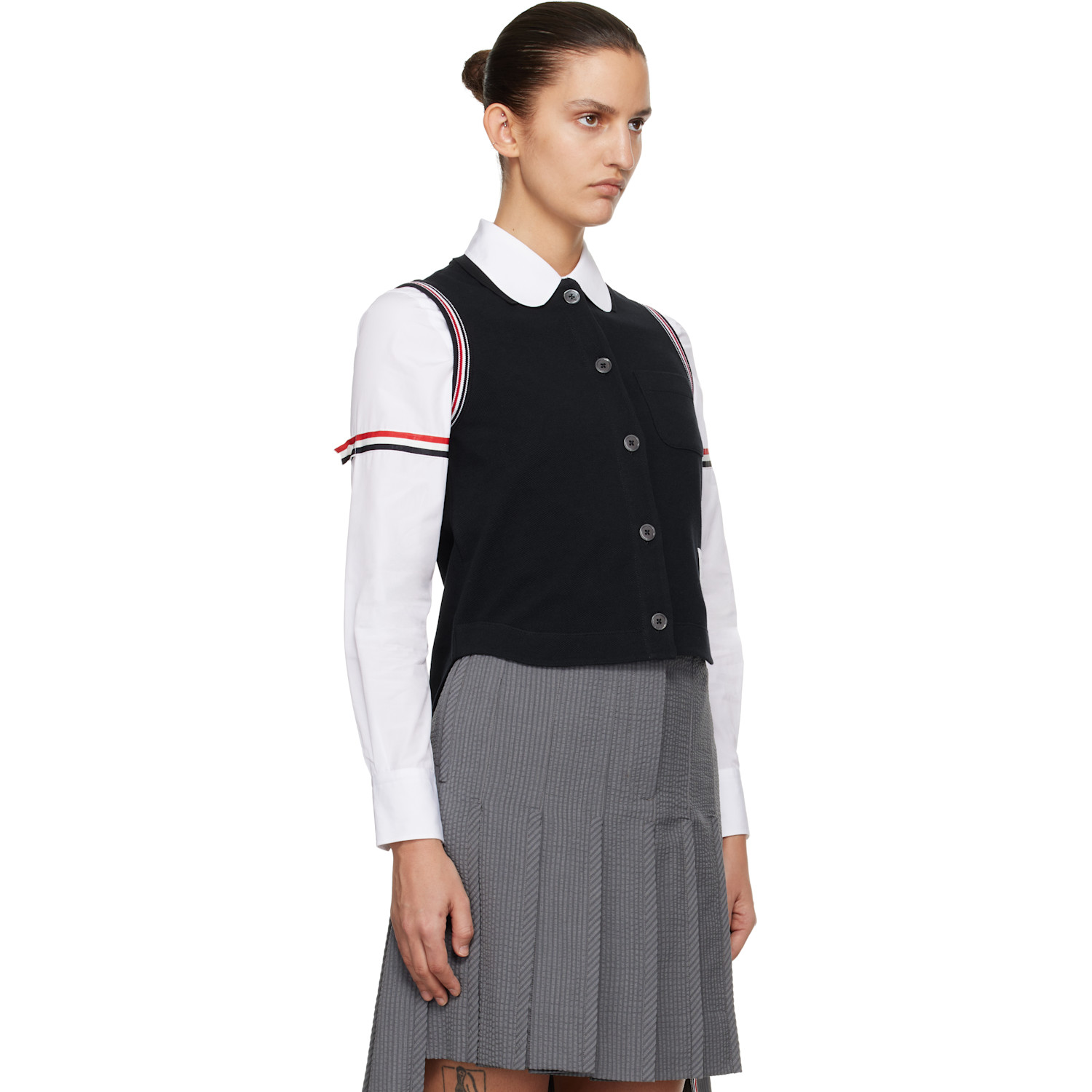  Thom Browne Navy Pique Rwb Trim Sleeveless Shirt 