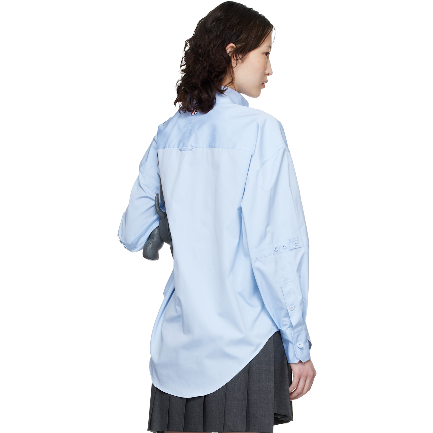  Thom Browne Blue Solid Poplin Crest Embroidery Armand Supersized Shirt 