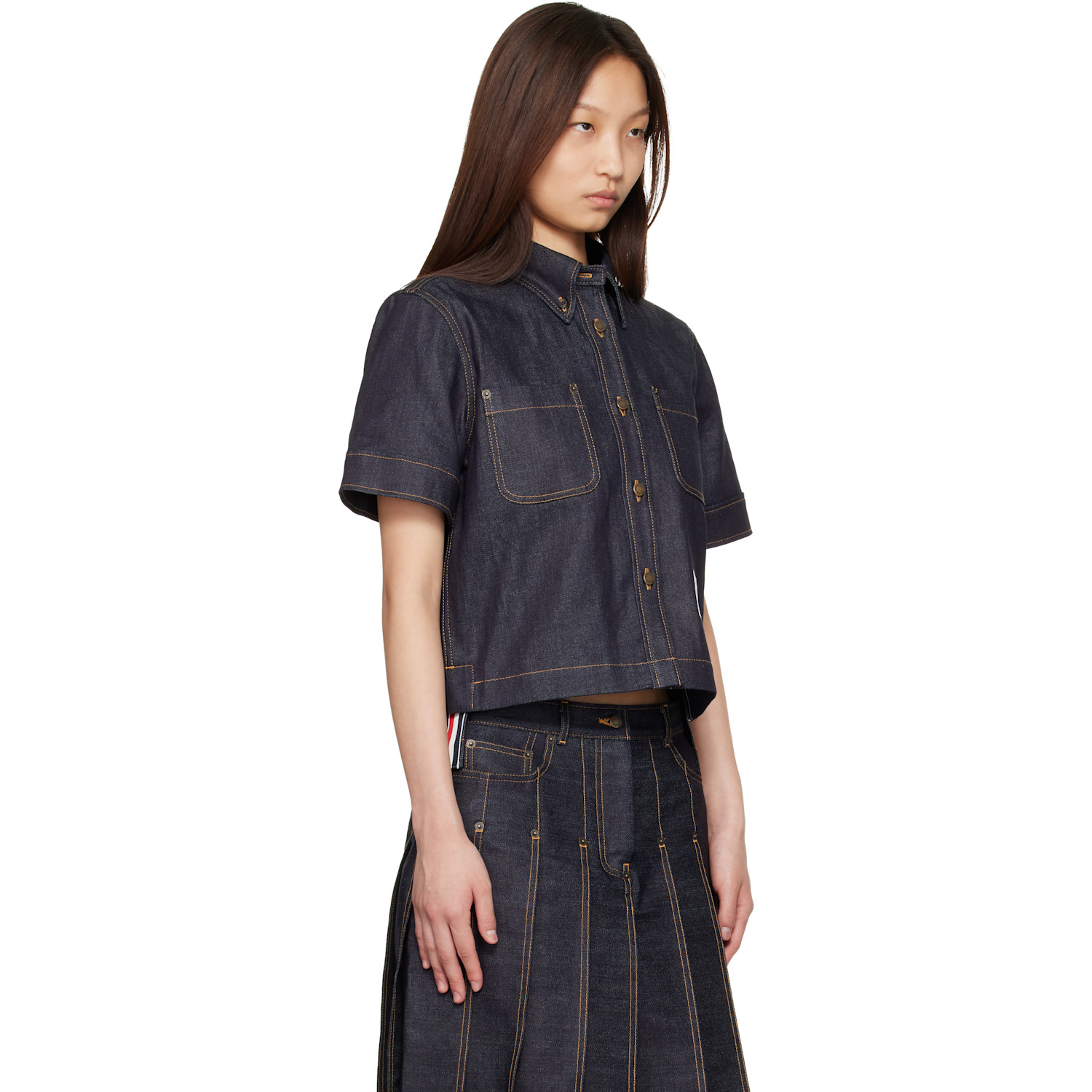  Thom Browne Navy Straight Hem Button Down Point Collar Denim Shirt 