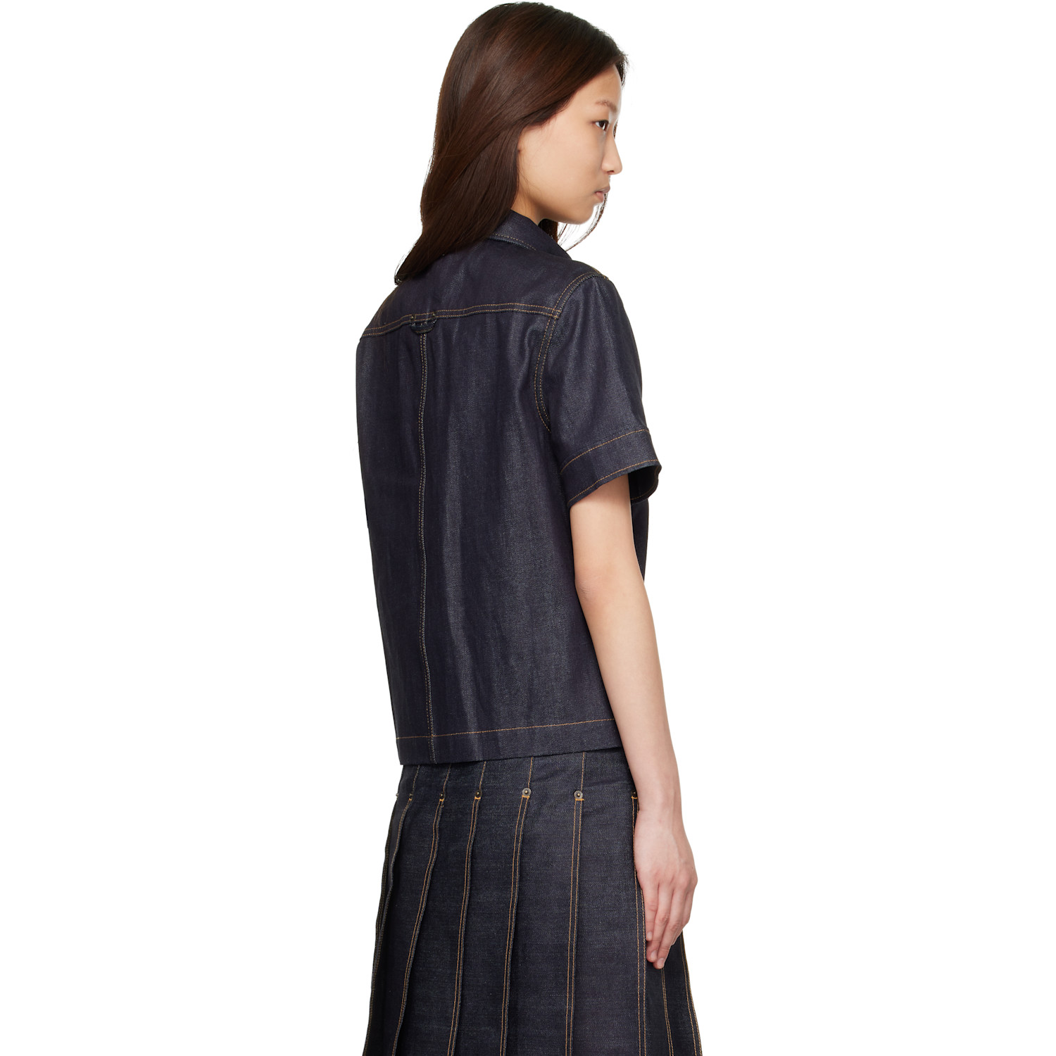  Thom Browne Navy Straight Hem Button Down Point Collar Denim Shirt 