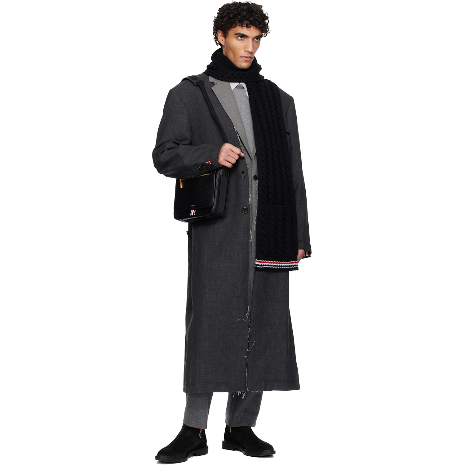  Thom Browne Black Cable Stitch Rwb Stripe Pocket Scarf 