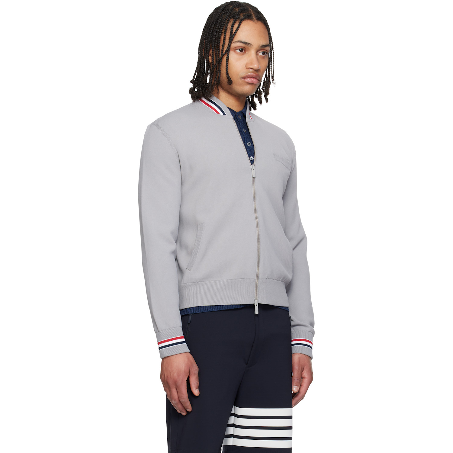  Thom Browne Gray 'browne 65' Intarsia Zip Up Bomber Jacket 