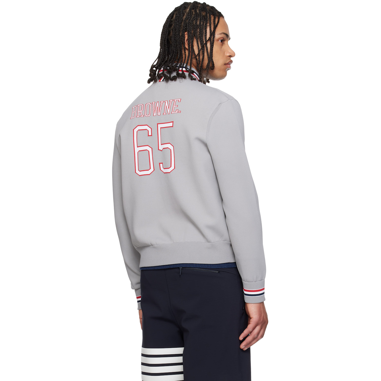  Thom Browne Gray 'browne 65' Intarsia Zip Up Bomber Jacket 