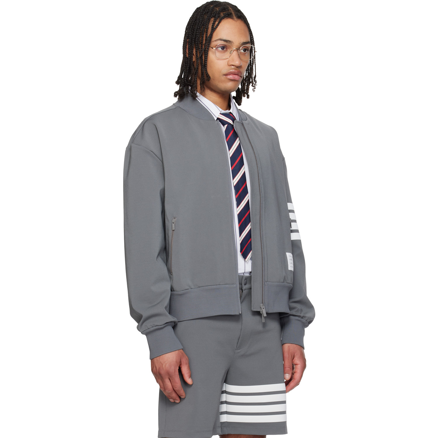  Thom Browne Gray 4-bar Tech Bomber Jacket 