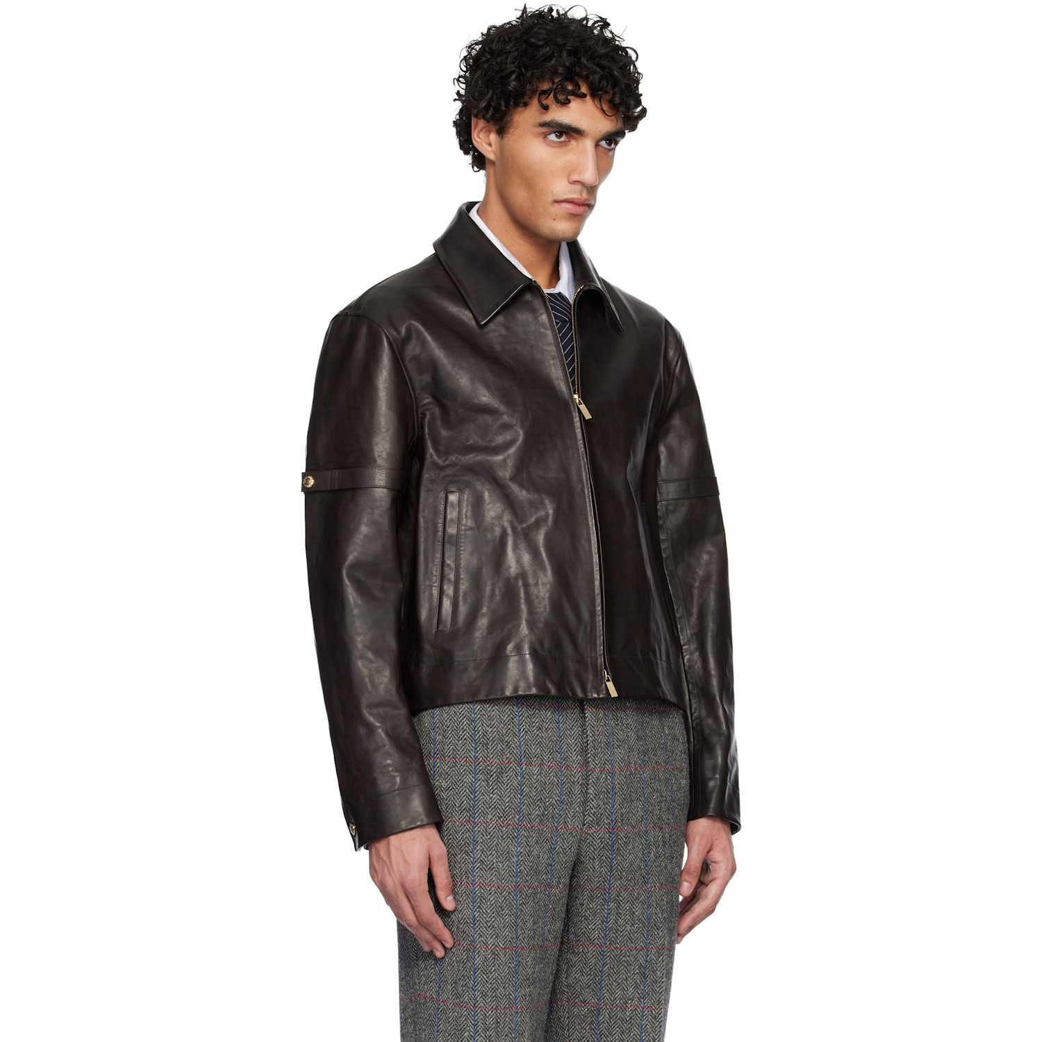  Thom Browne Brown Zip Front Armband Leather Jacket 