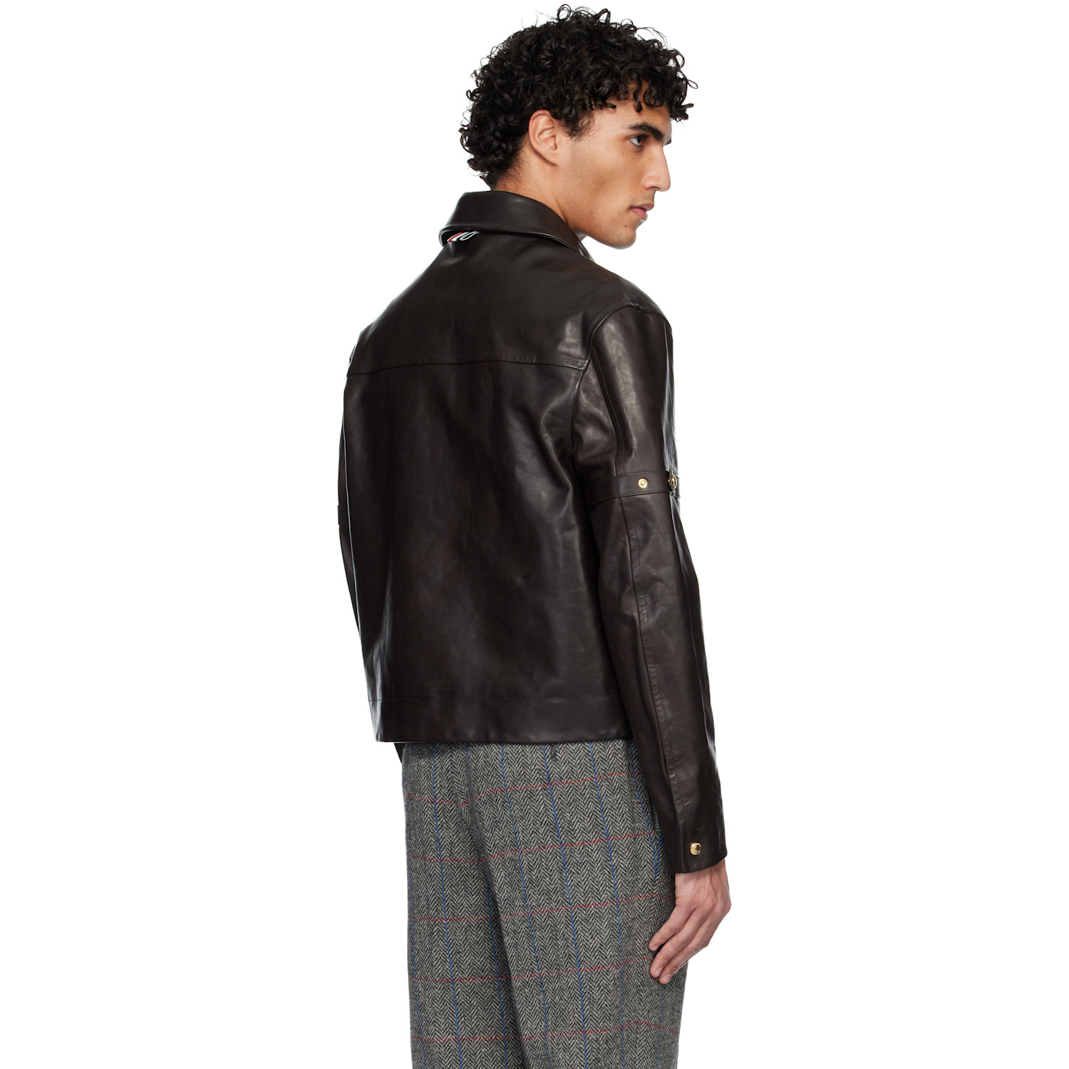  Thom Browne Brown Zip Front Armband Leather Jacket 