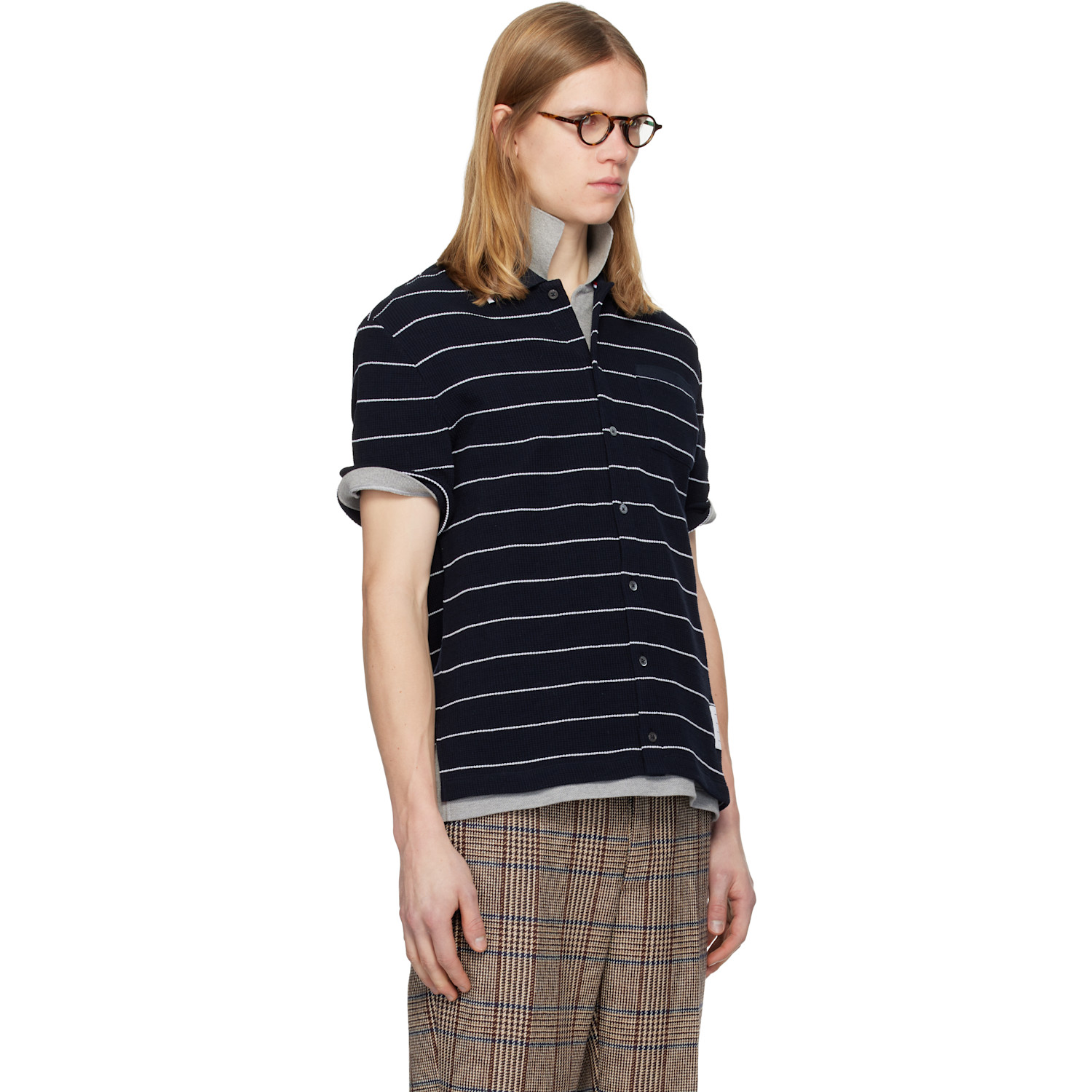  Thom Browne Navy Textured Stripe Short Sleeve Shirt 