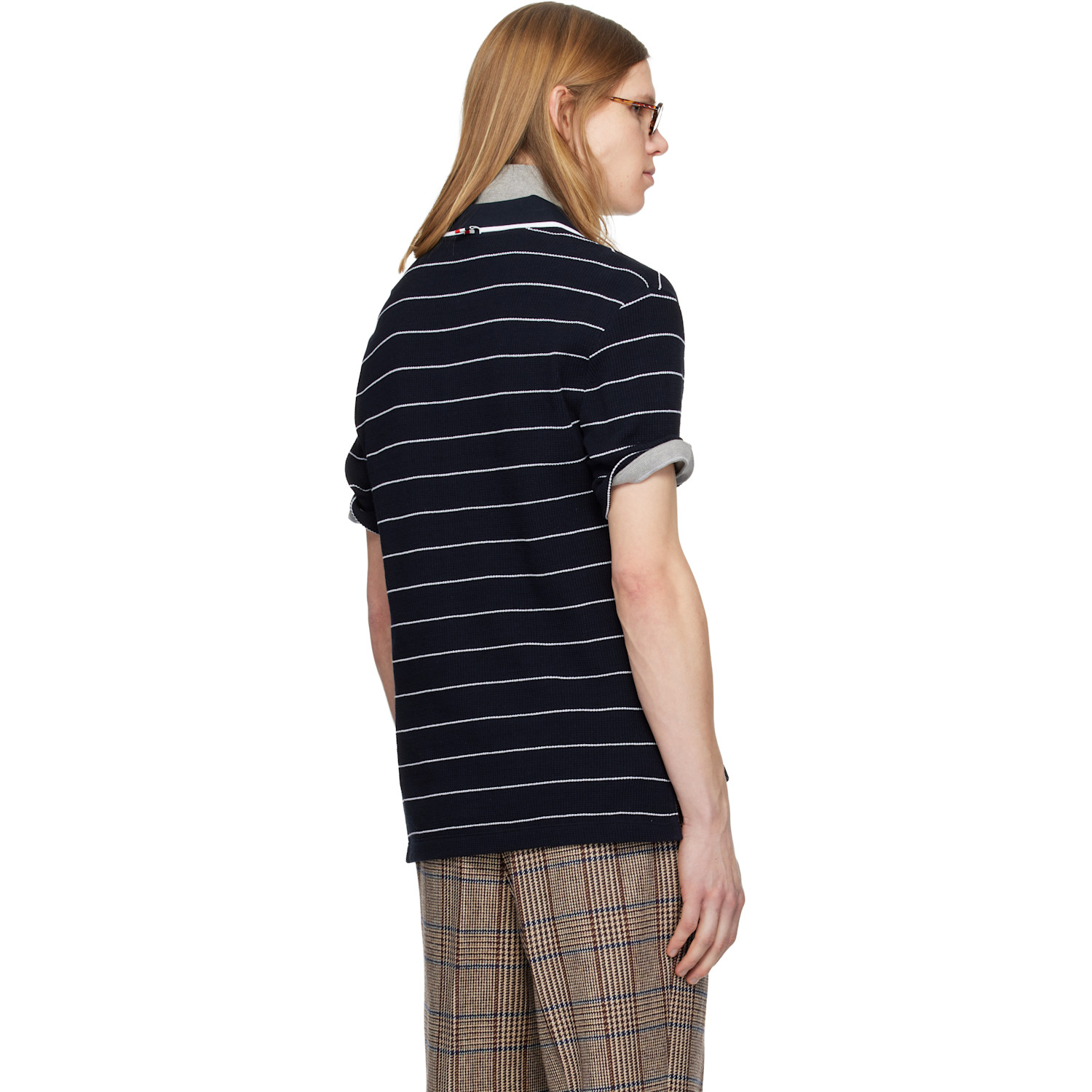  Thom Browne Navy Textured Stripe Short Sleeve Shirt 