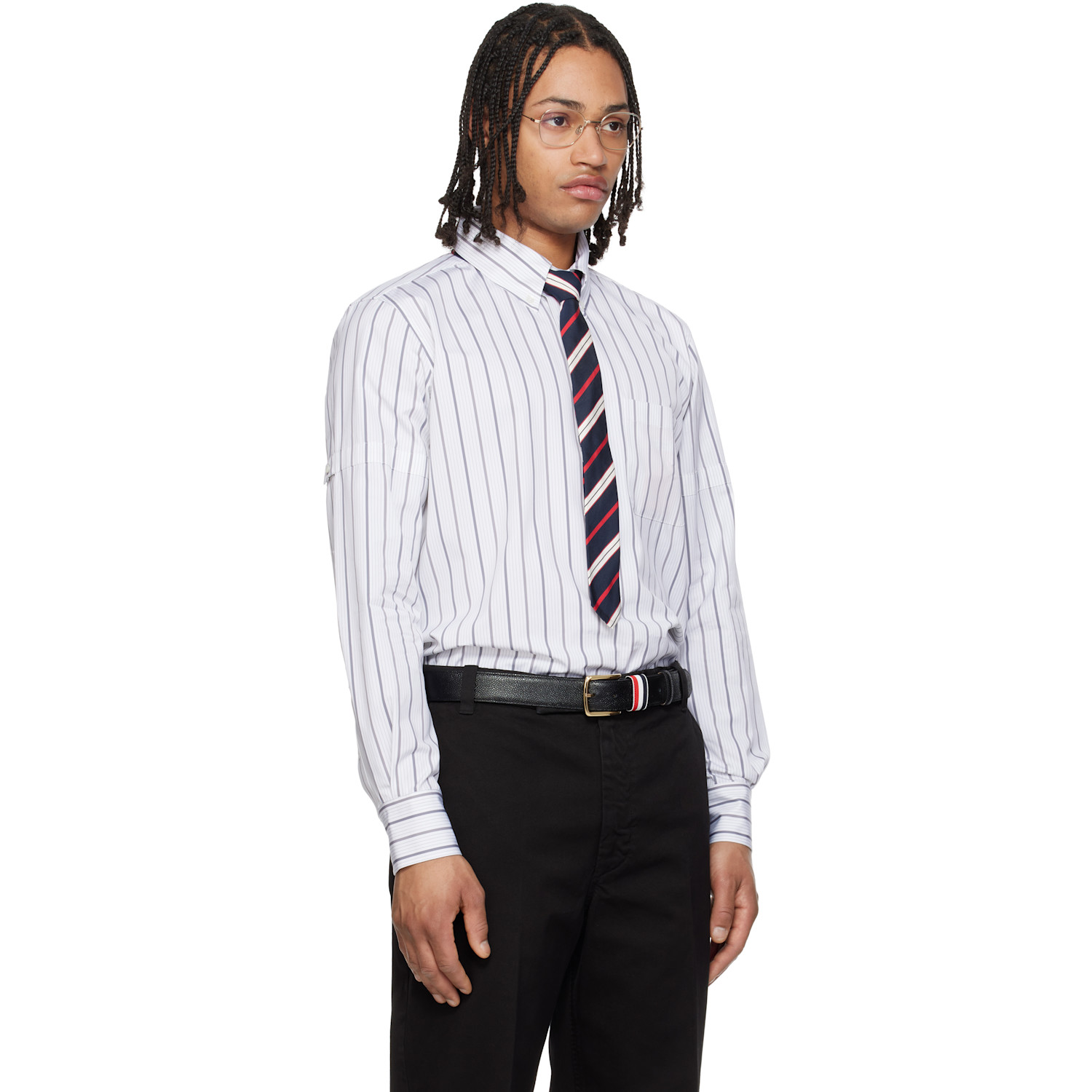  Thom Browne Gray & White Straight Fit Pop Over Self Armband Shirt 