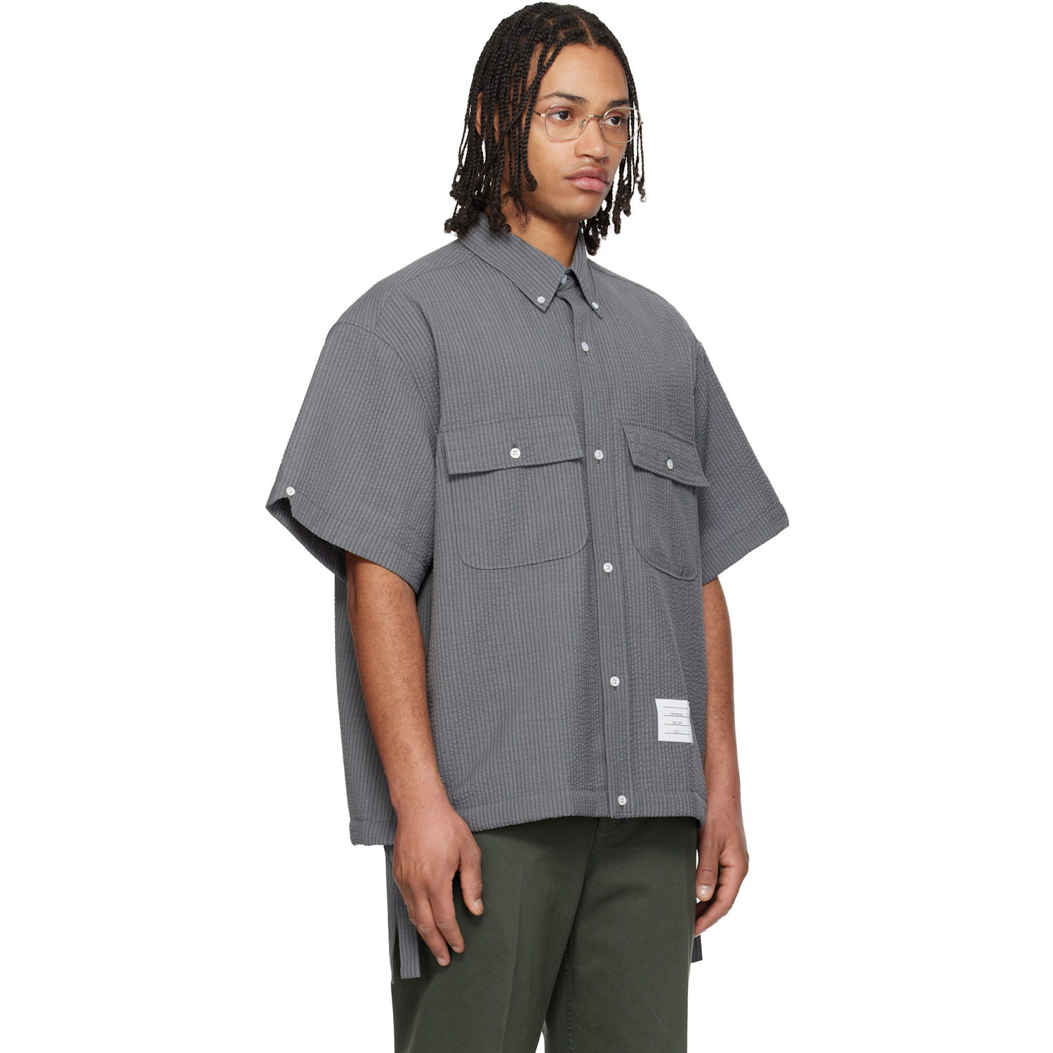  Thom Browne Gray S/s Track Shirt Flap Pockets Wool Shirt 