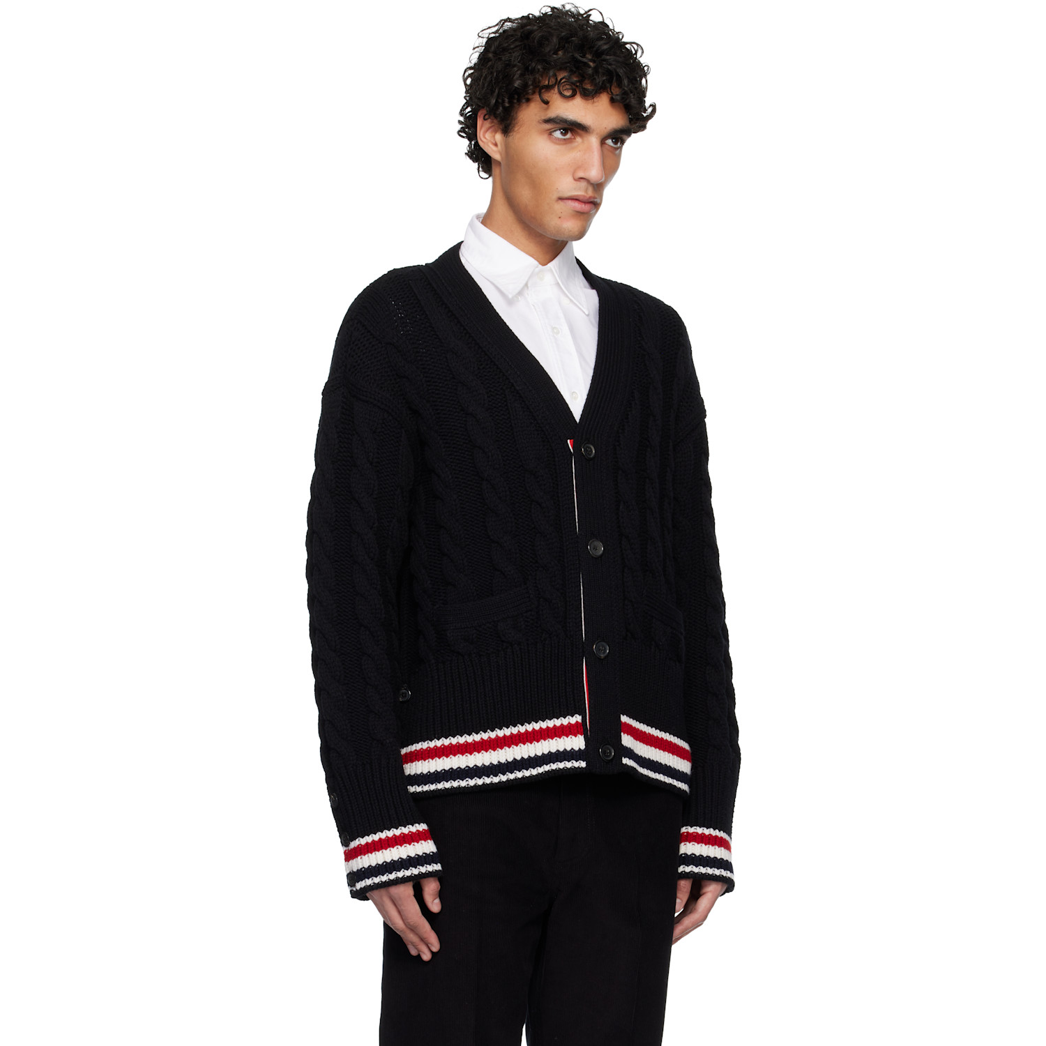  Thom Browne Black Merino Baby Cable Stitch Rwb Stripe Cardigan 
