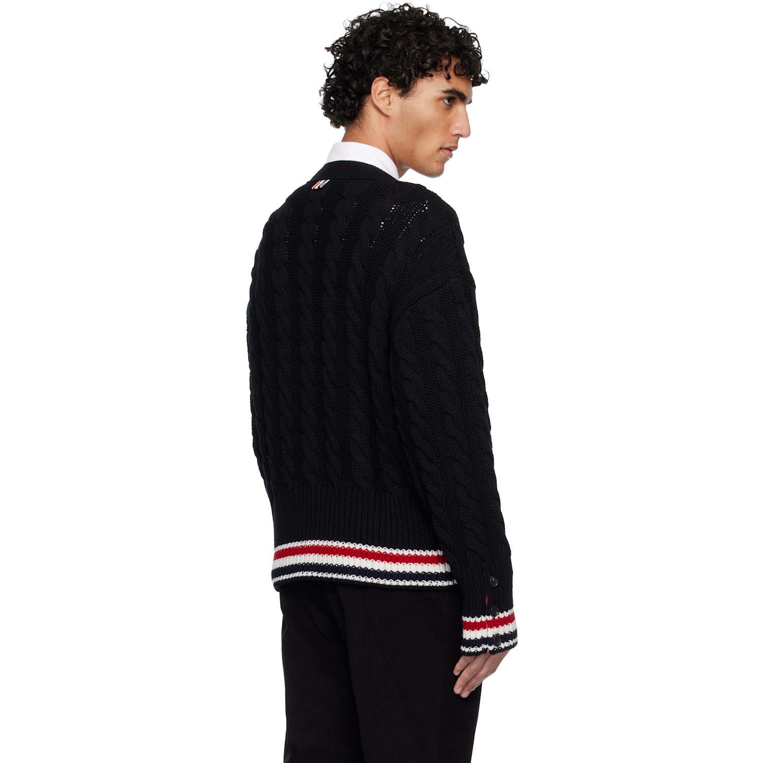  Thom Browne Black Merino Baby Cable Stitch Rwb Stripe Cardigan 
