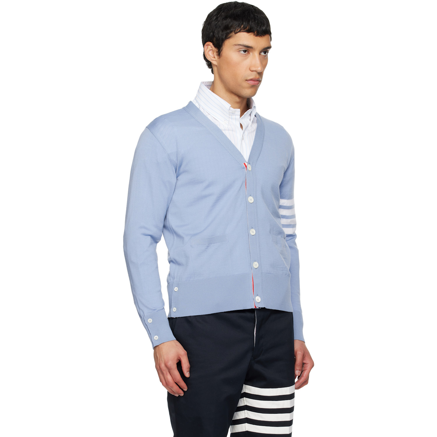  Thom Browne Blue Merino Wool 4-bar Classic V-neck Cardigan 