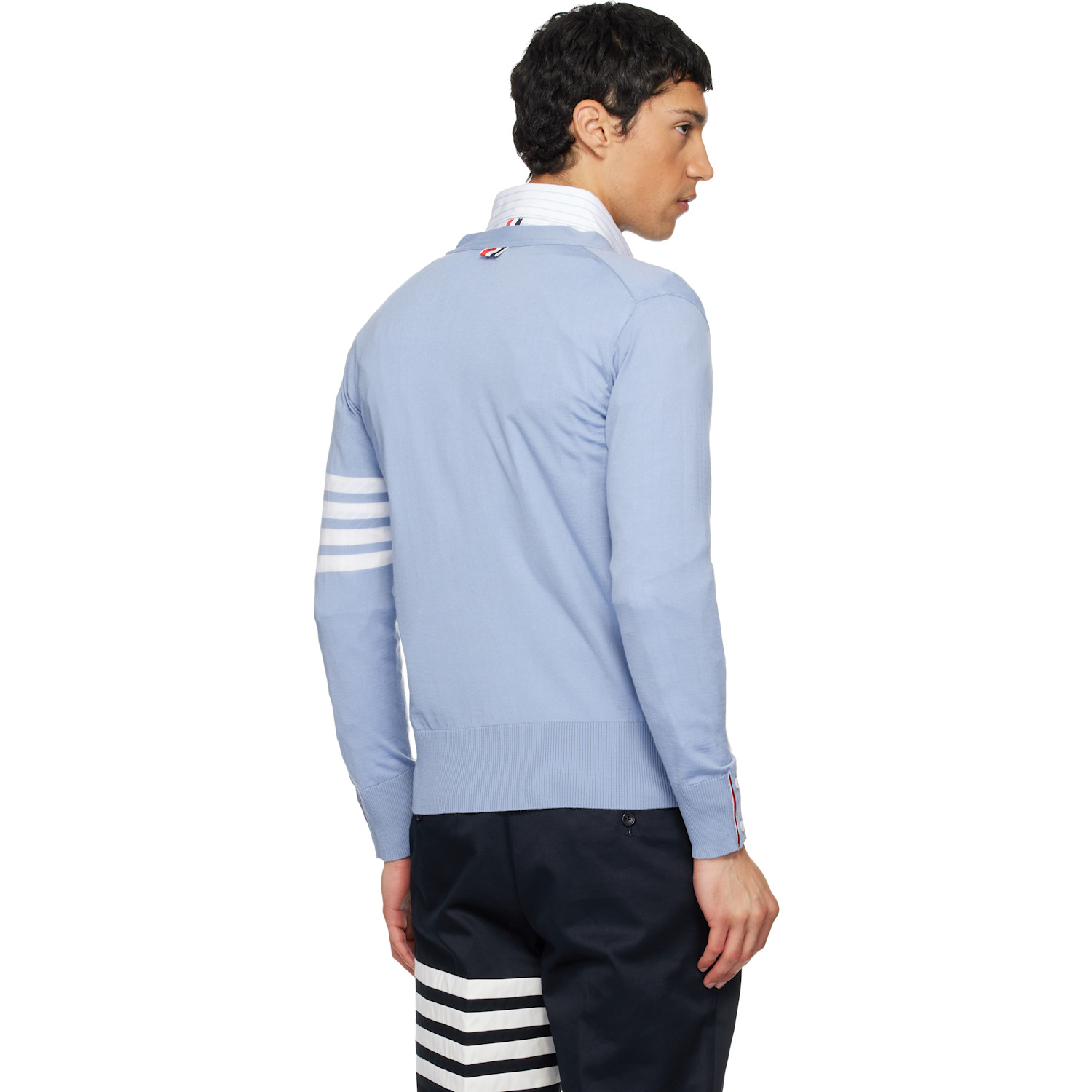  Thom Browne Blue Merino Wool 4-bar Classic V-neck Cardigan 