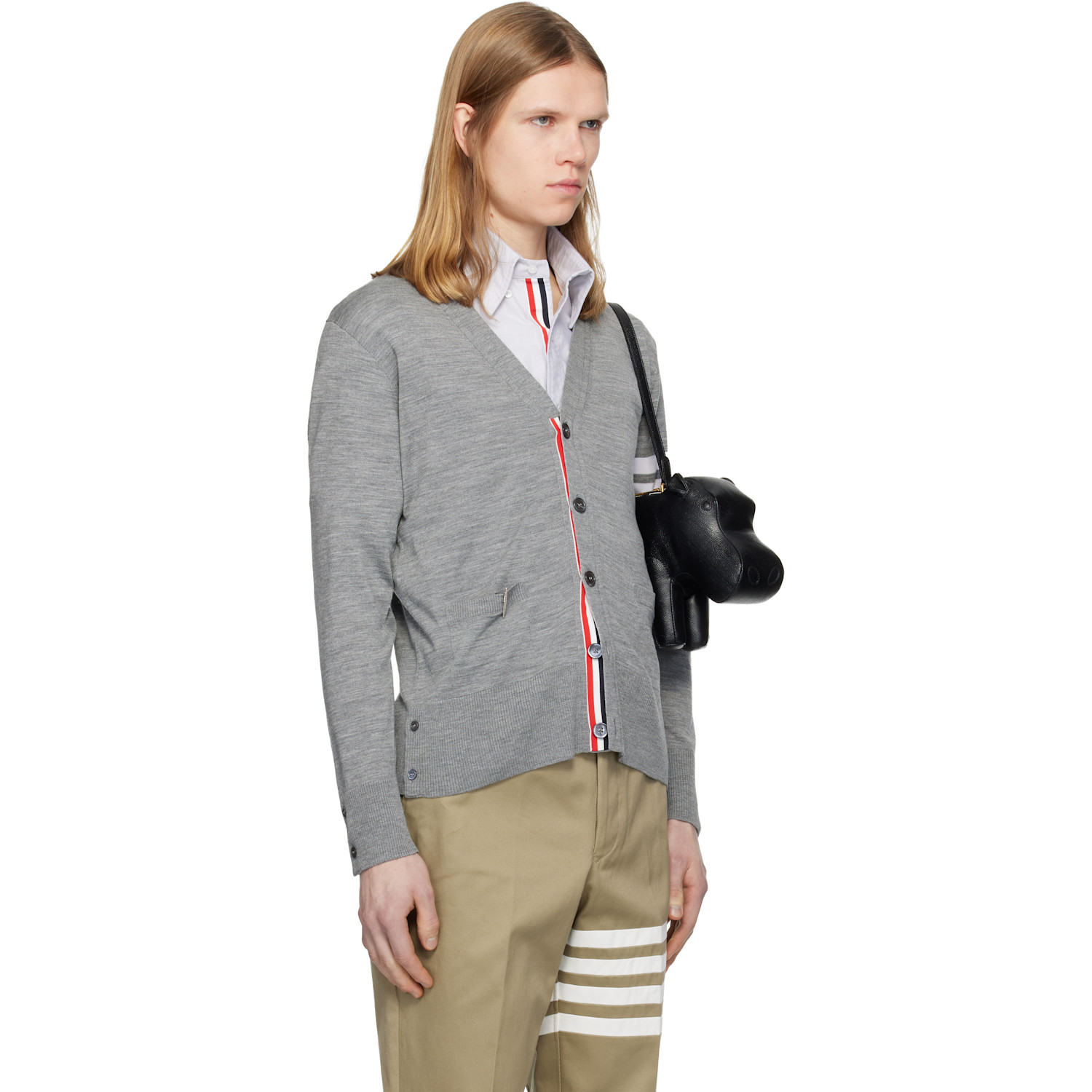  Thom Browne Gray Merino Wool 4-bar Classic V-neck Cardigan 