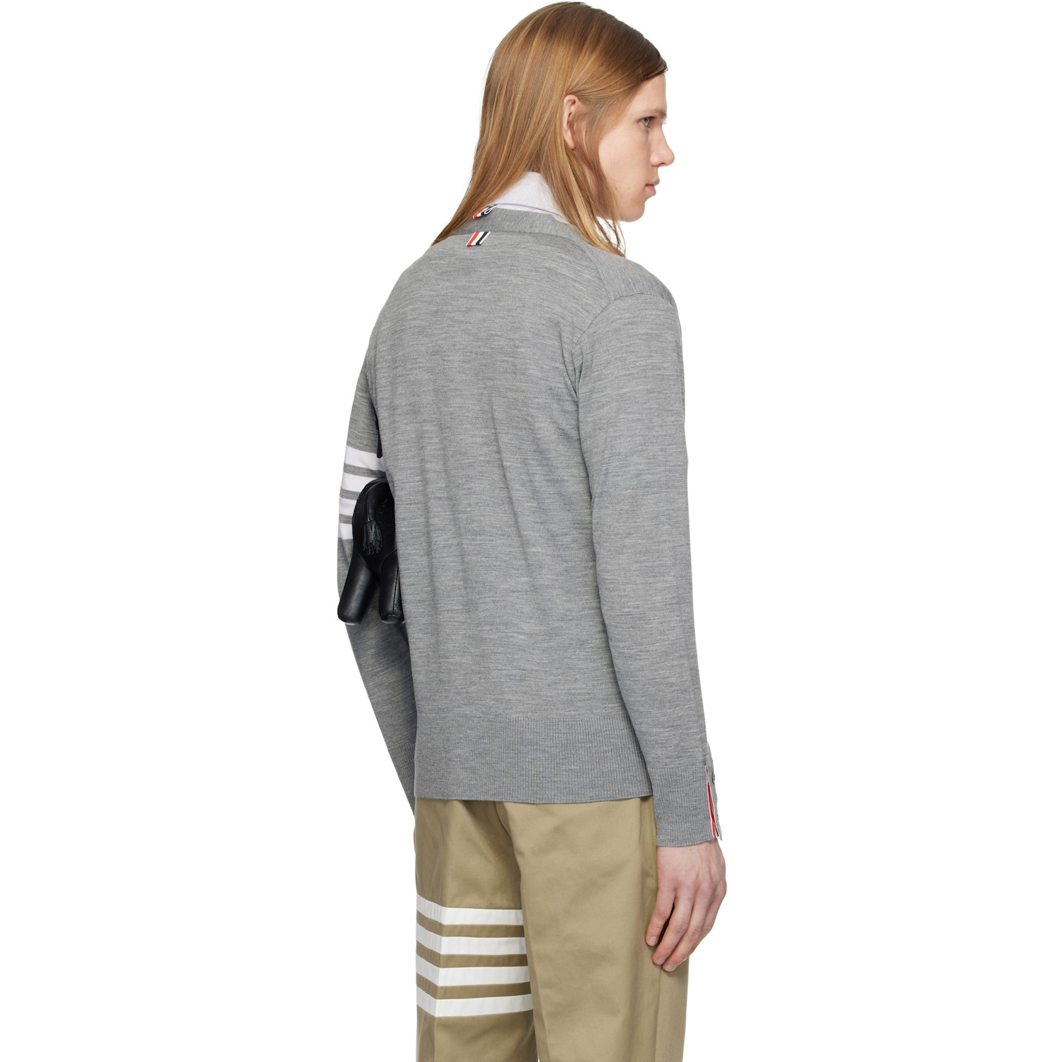  Thom Browne Gray Merino Wool 4-bar Classic V-neck Cardigan 