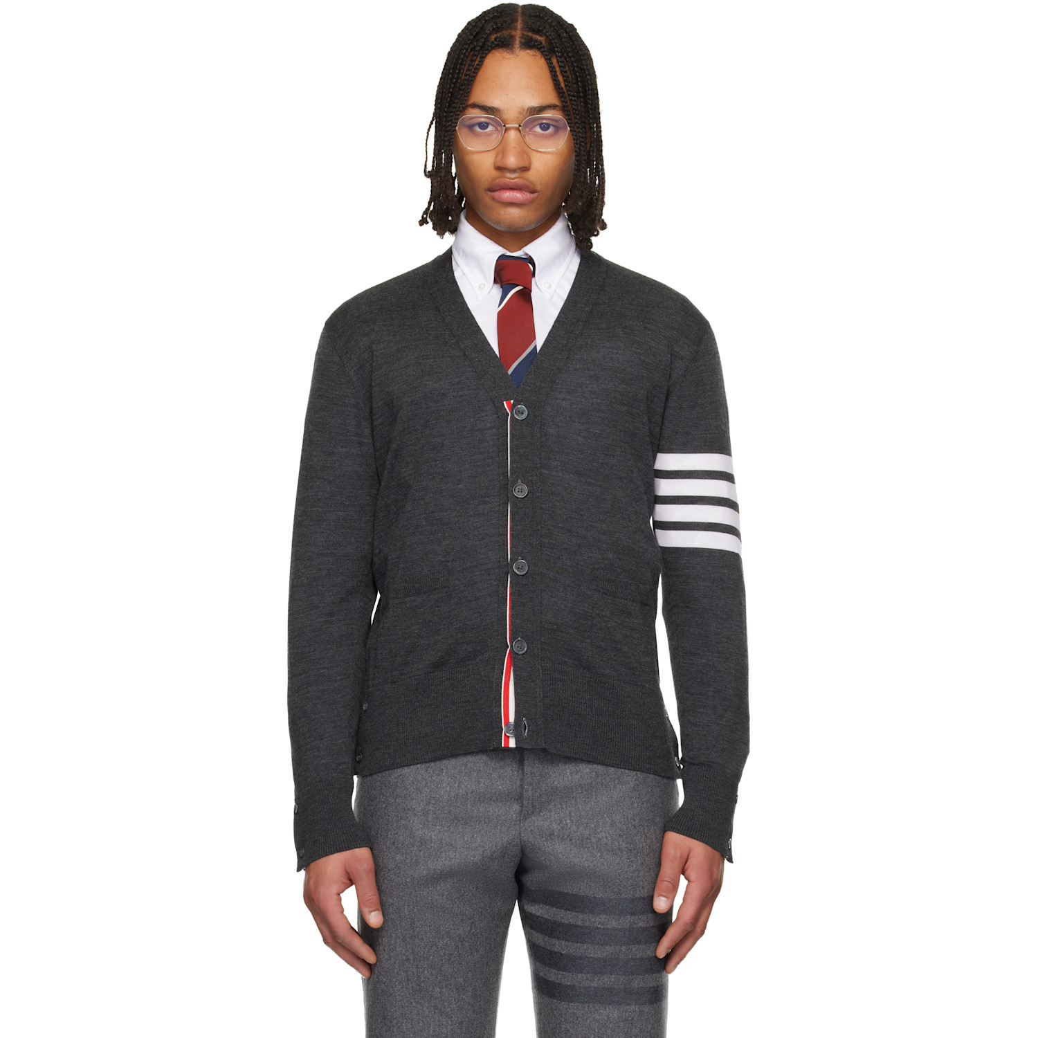 Thom Browne Gray Merino Wool 4-Bar Classic V-Neck Cardigan