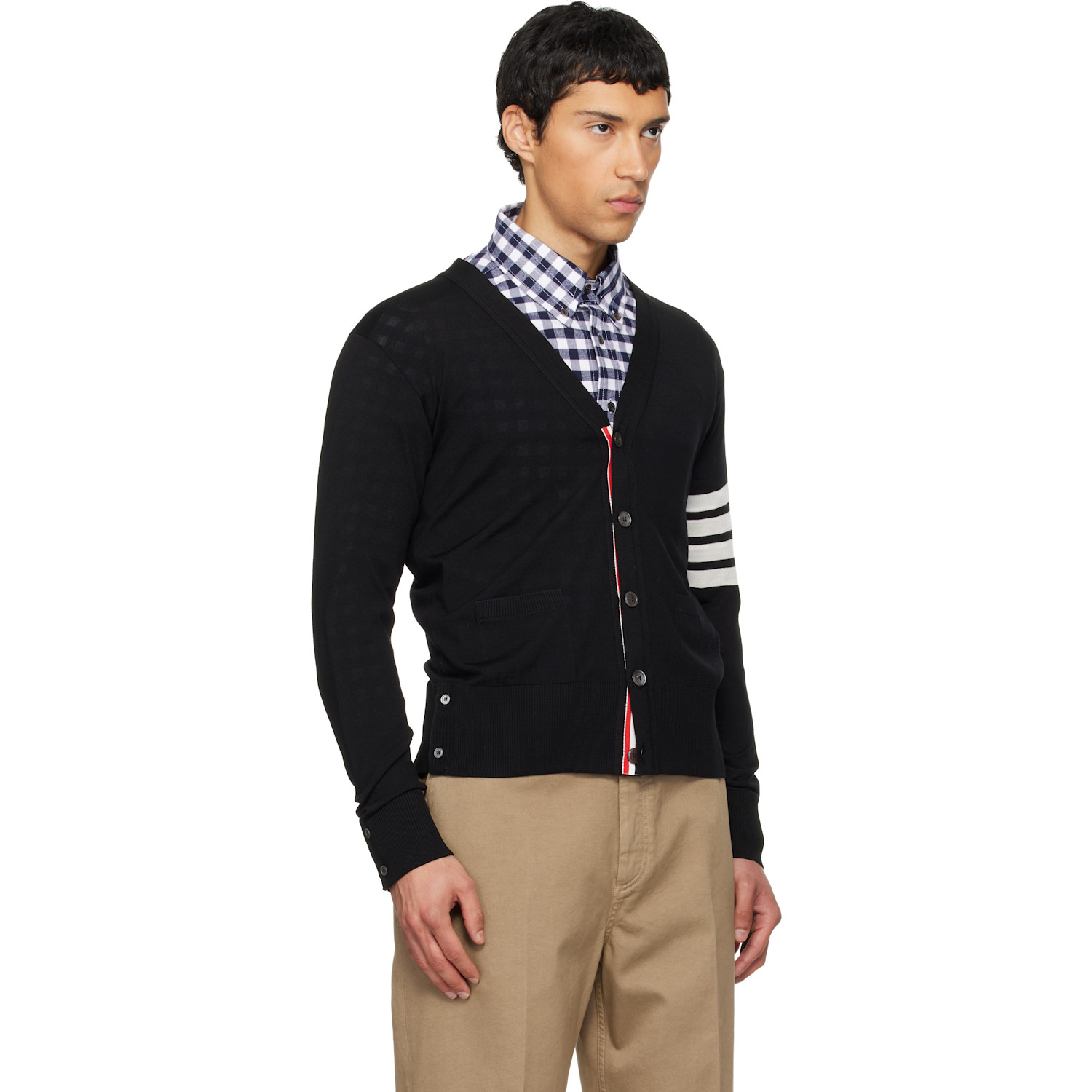  Thom Browne Black Merino Wool 4-bar Classic V-neck Cardigan 